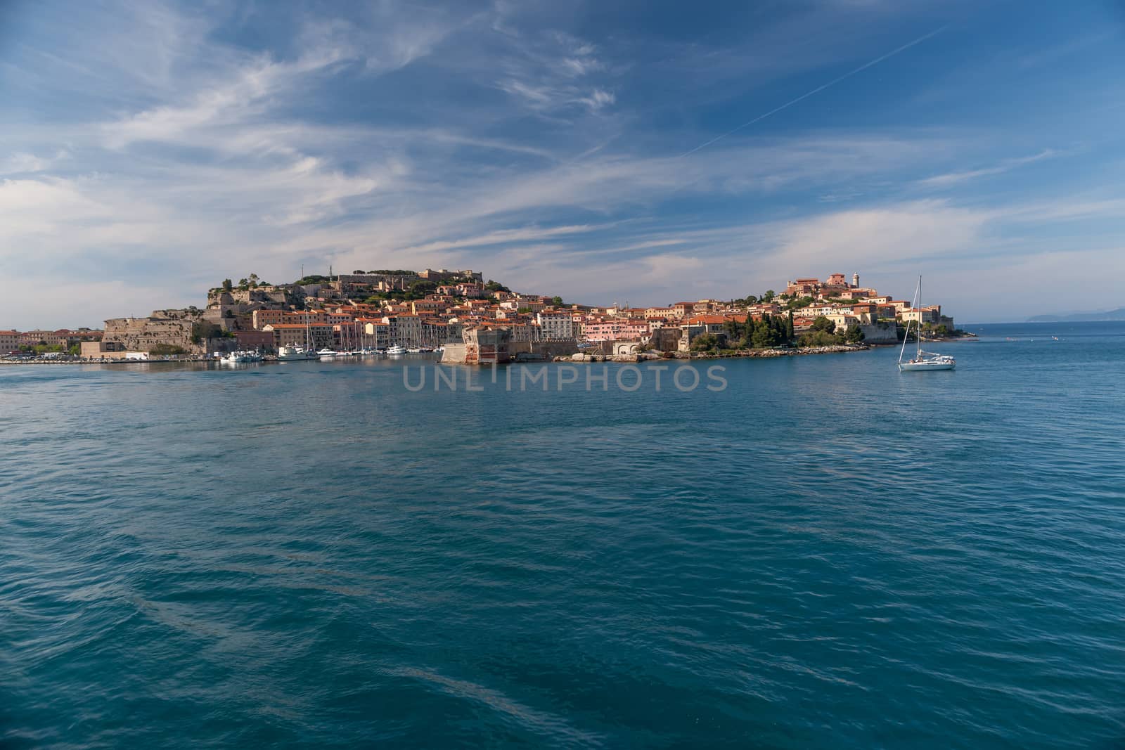 View of Portoferraio old city, with the Forte Stella and the Napoleon Villa. Islend of Elba, Livorno, Italy.