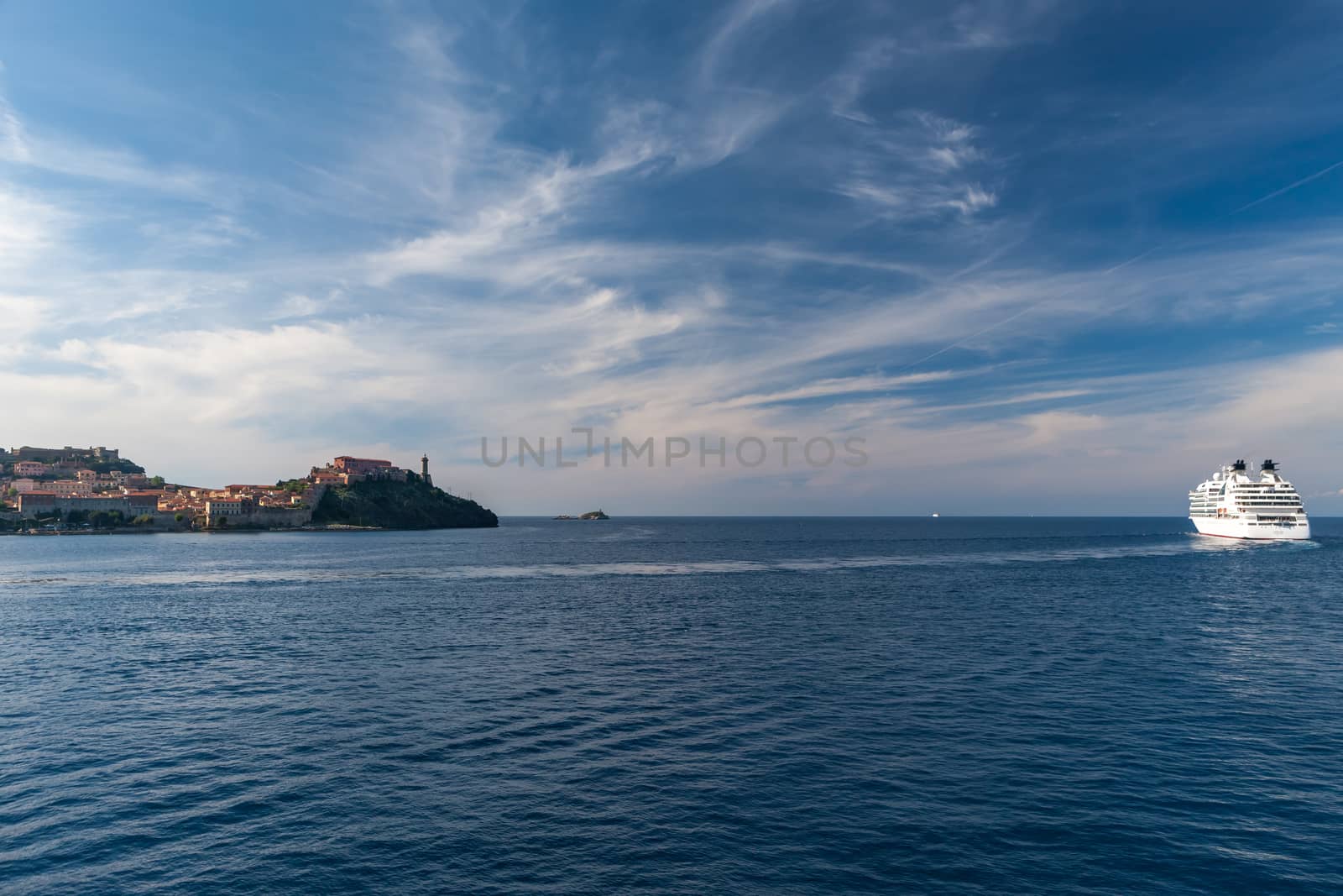 View of Portoferraio old city, with the Forte Stella and the Napoleon Villa. Islend of Elba, Livorno, Italy.