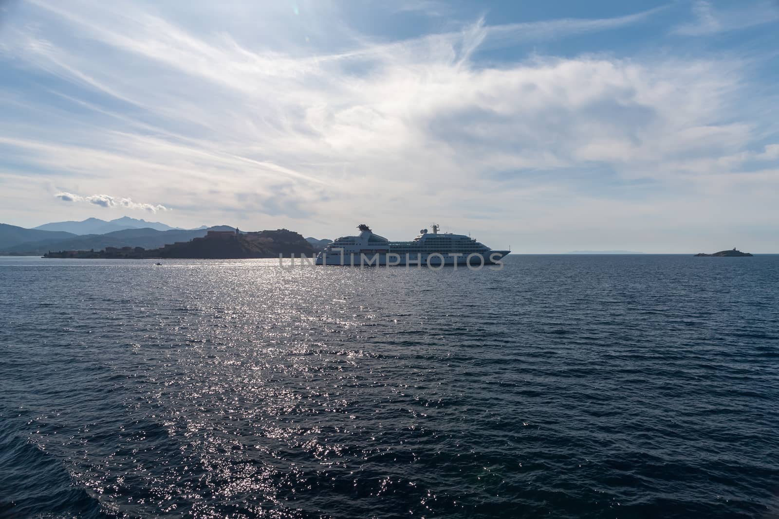 View of Portoferraio old city, with the Forte Stella and the Napoleon Villa. Islend of Elba, Livorno, Italy.