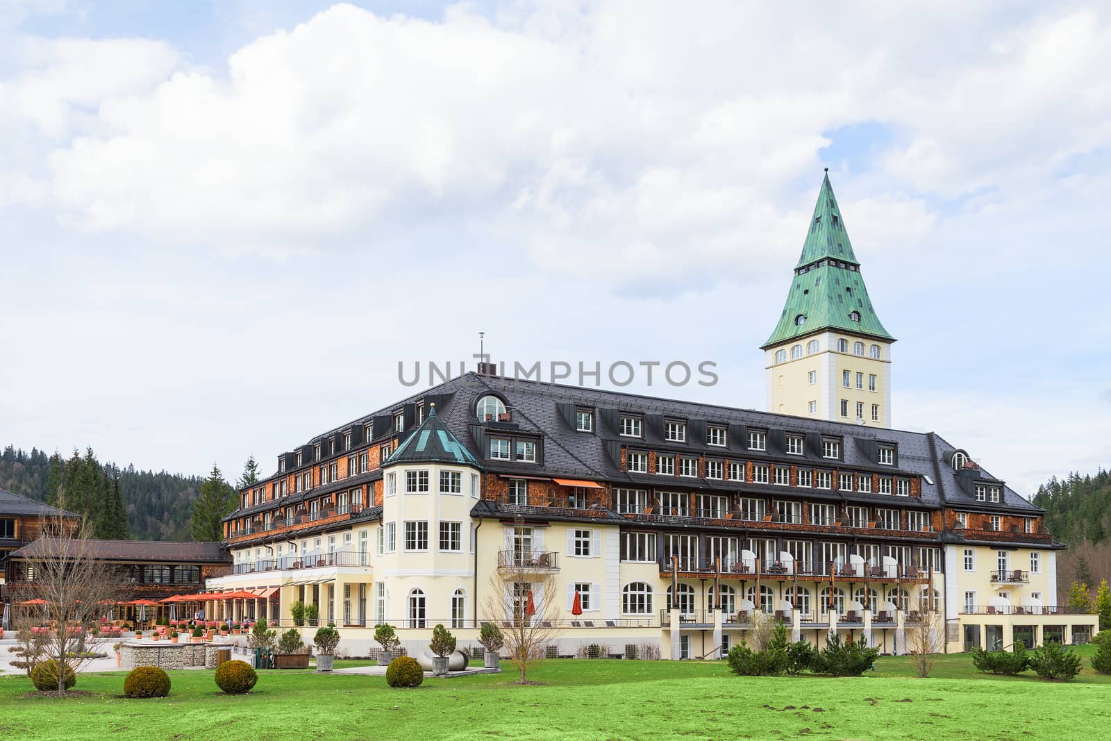 Garmisch-Partenkirchen, Germany - April 26, 2015: The 41st forum of Summit G7 in prestigious hotel Schloss Elmau will focus on the global economy as well as on key issues regarding foreign, security and development policy.