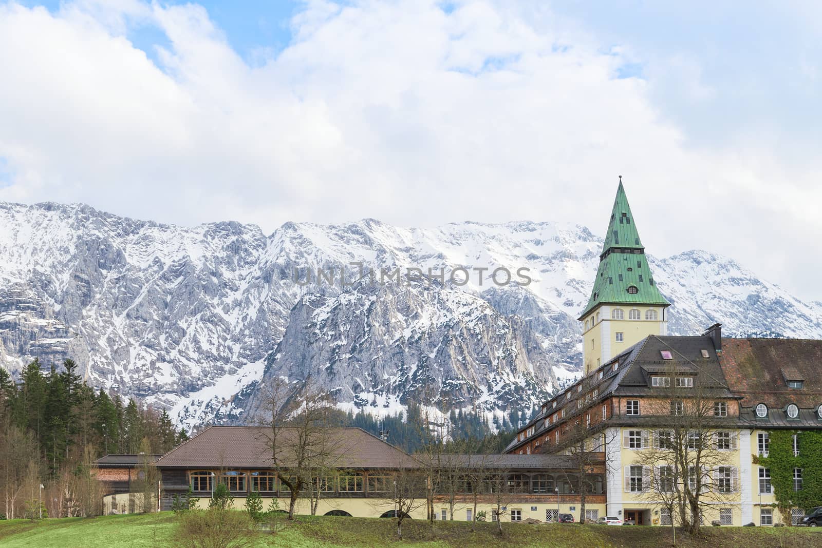 Klais, Germany - April 26, 2015: Schloss Elmau is a luxury hotel which will be the site of the 41st G7 summit in June. This prestigious five-star hotel today offers 123 rooms and suites. It is among the Leading Hotels of the World.