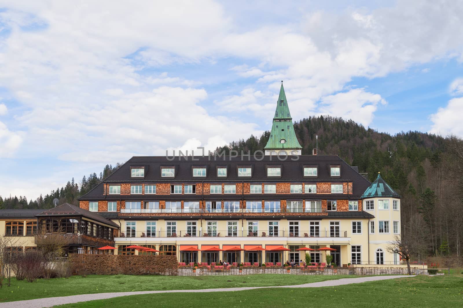 Klais, Germany - April 26, 2015: Backyard of hotel Elmau Schloss. The 41st conference of G7 summit will be held in these luxury residence on June 7–8, 2015.