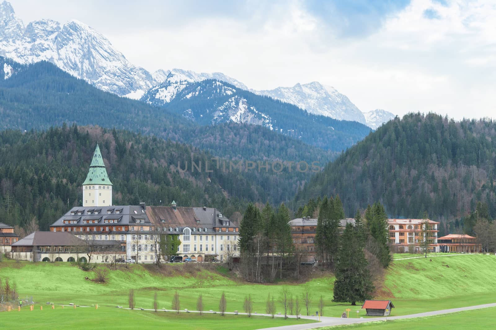 Garmisch, Germany - April 26, 2015: Hotel complex Schloss Elmau in Bavarian Alps is the venue of summit G8 members. The attendees will include the leaders of the seven G7 member states, as well as representatives of the European Union.