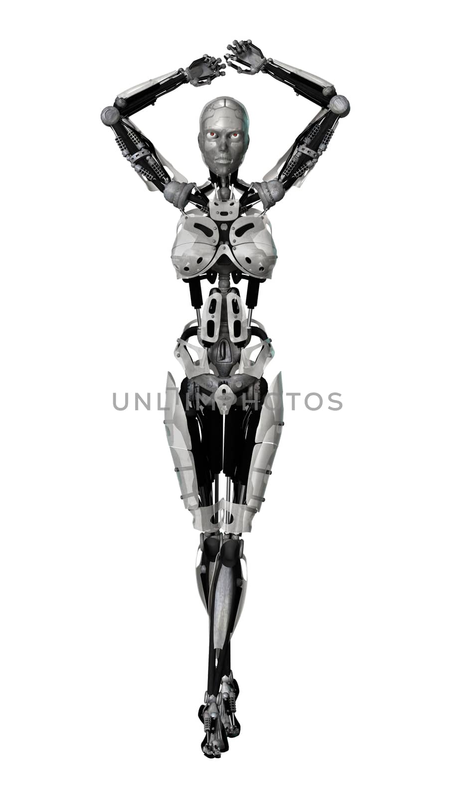 3D digital render of a female cyborg isolated on white background