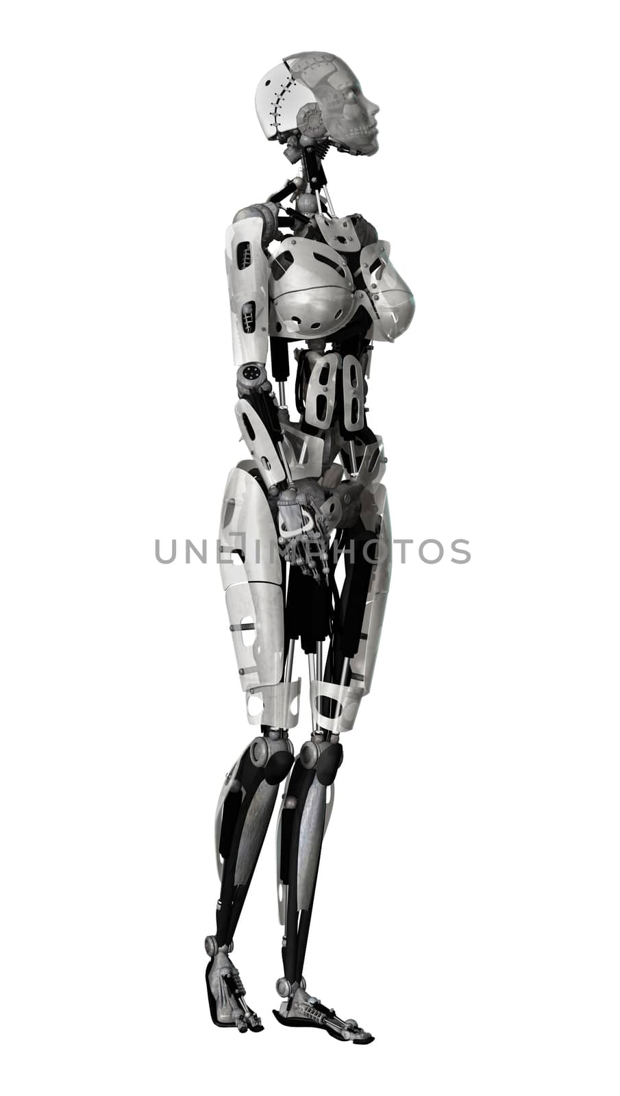 3D digital render of a female cyborg isolated on white background