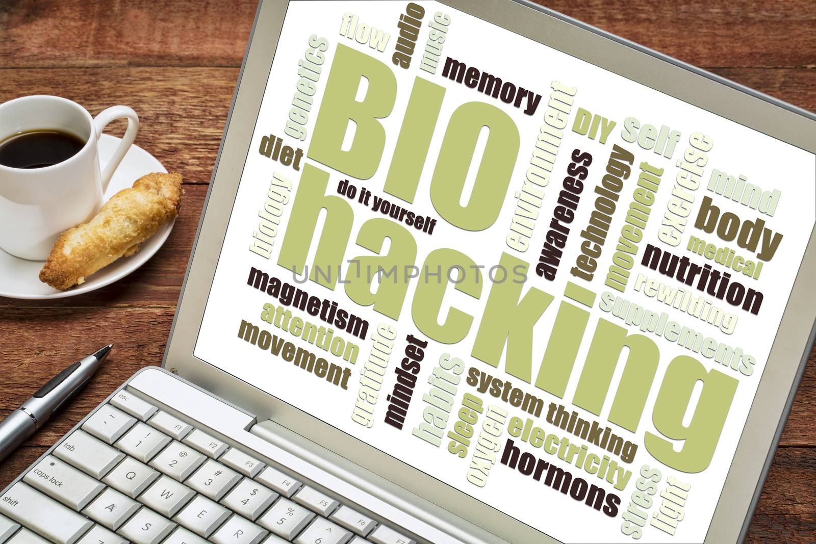 biohacking -  managing one's own biology using a combination of medical, nutritional and electronic techniques - word cloud on a digtal tablet