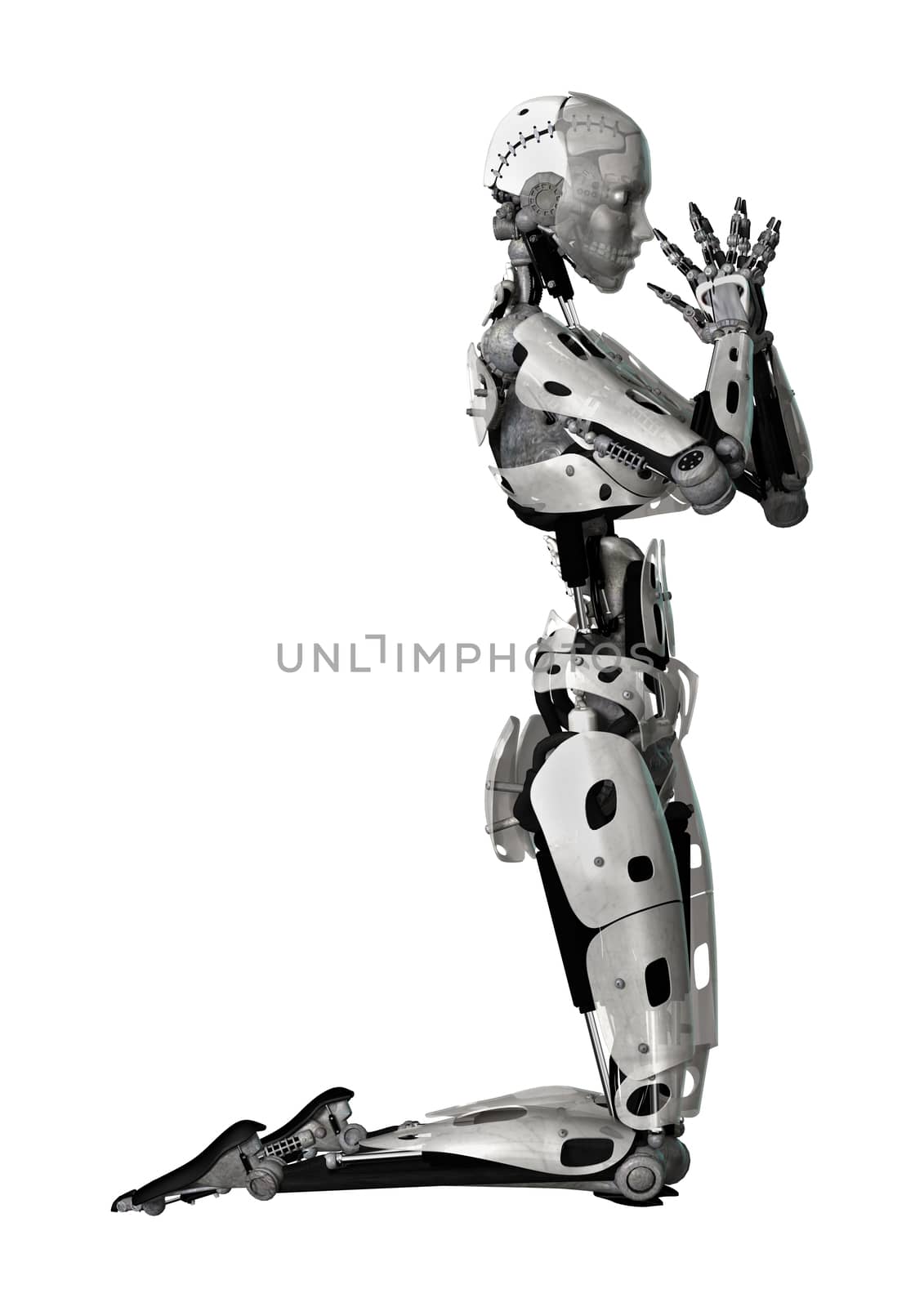 3D digital render of a female cyborg praying isolated on white background