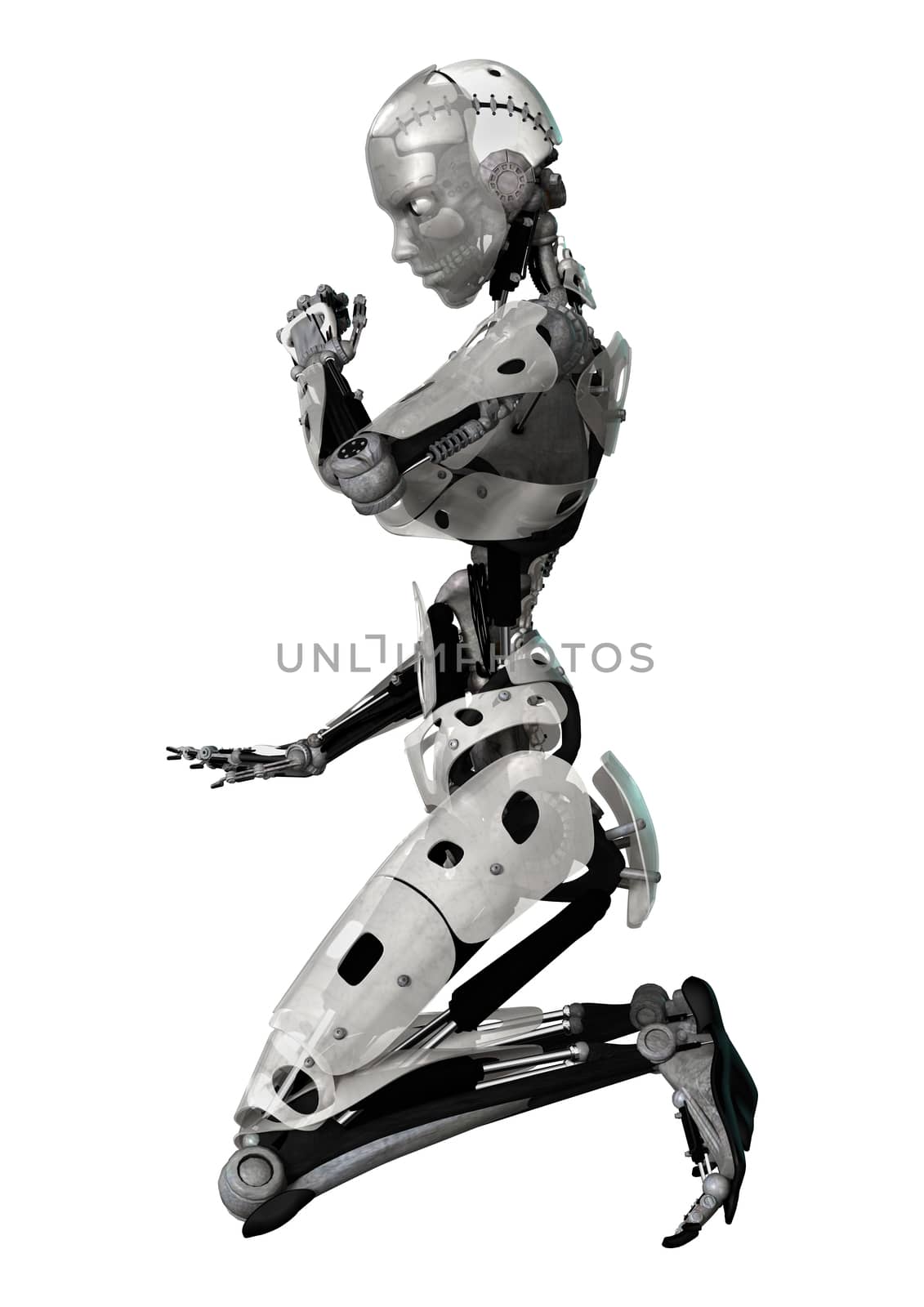 3D digital render of a female cyborg isolated on white background