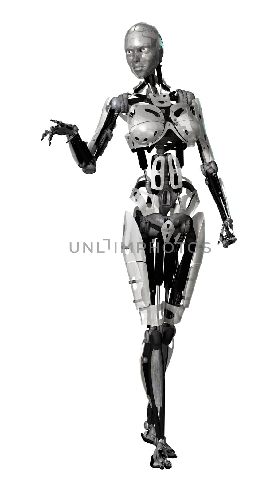 3D digital render of a female cyborg isolated on white background