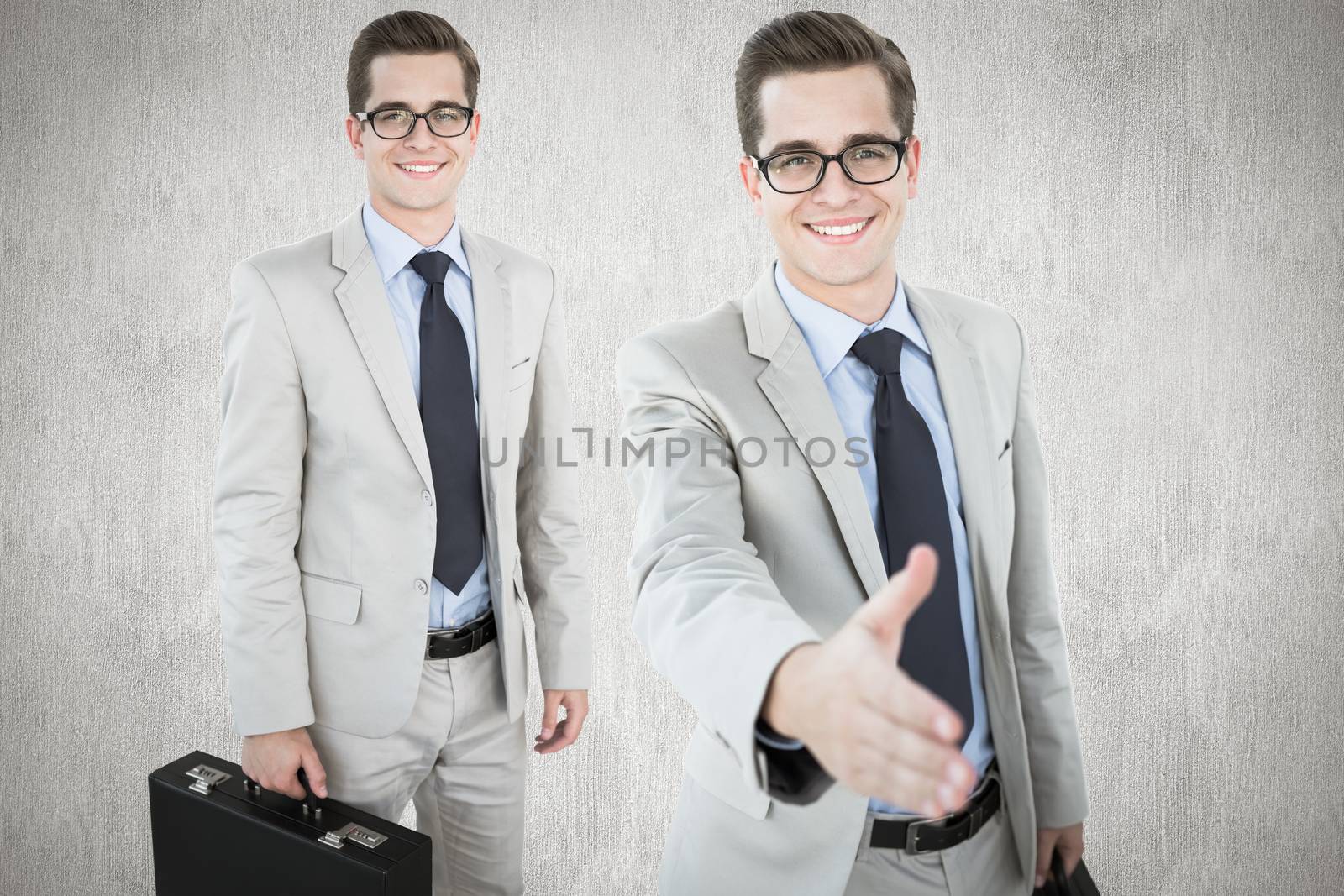 Businessman offering hand against white and grey background