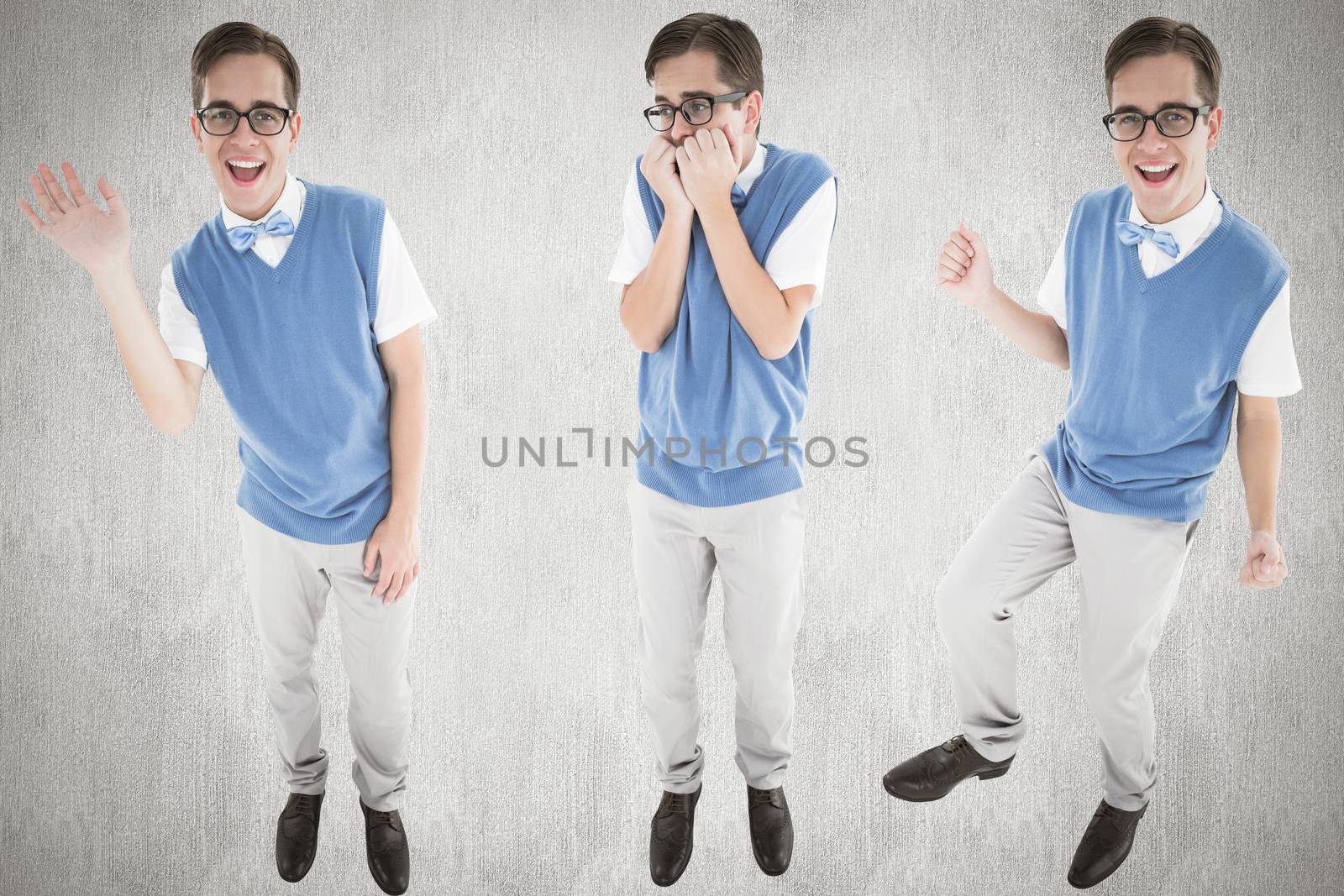Nerd waving against white and grey background