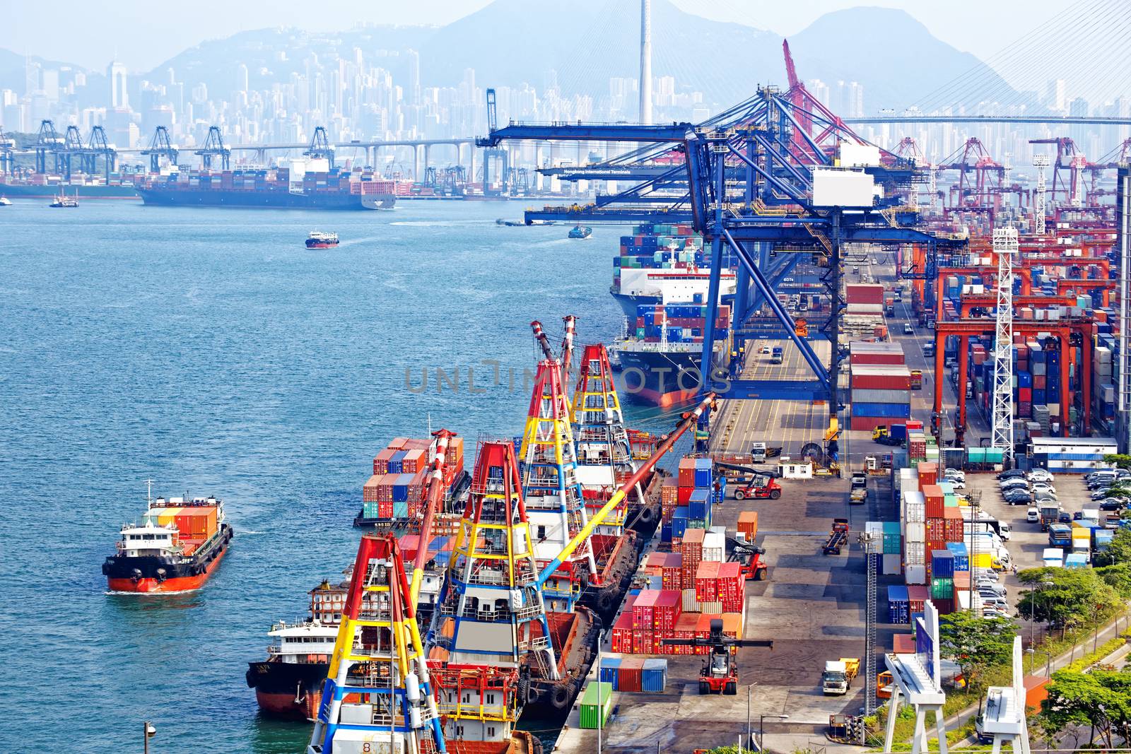 Containers at Hong Kong commercial port at day