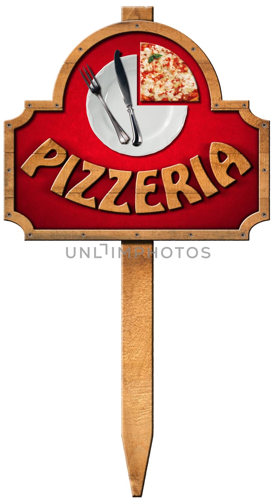 Wooden sign with white plate, silver cutlery, slice of pizza and text pizzeria, hanging on a wooden pole and isolated on a white background