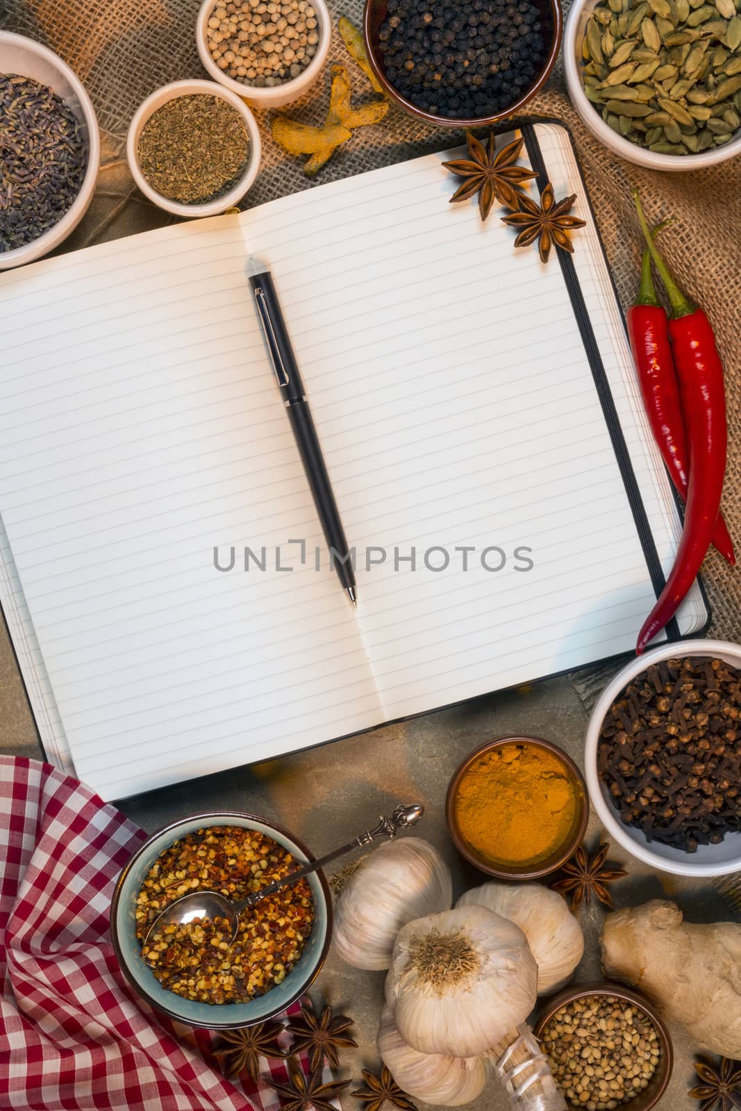 Selection of Cooking Spices with an Open Recipe Book - Blank Pages - Space for Text