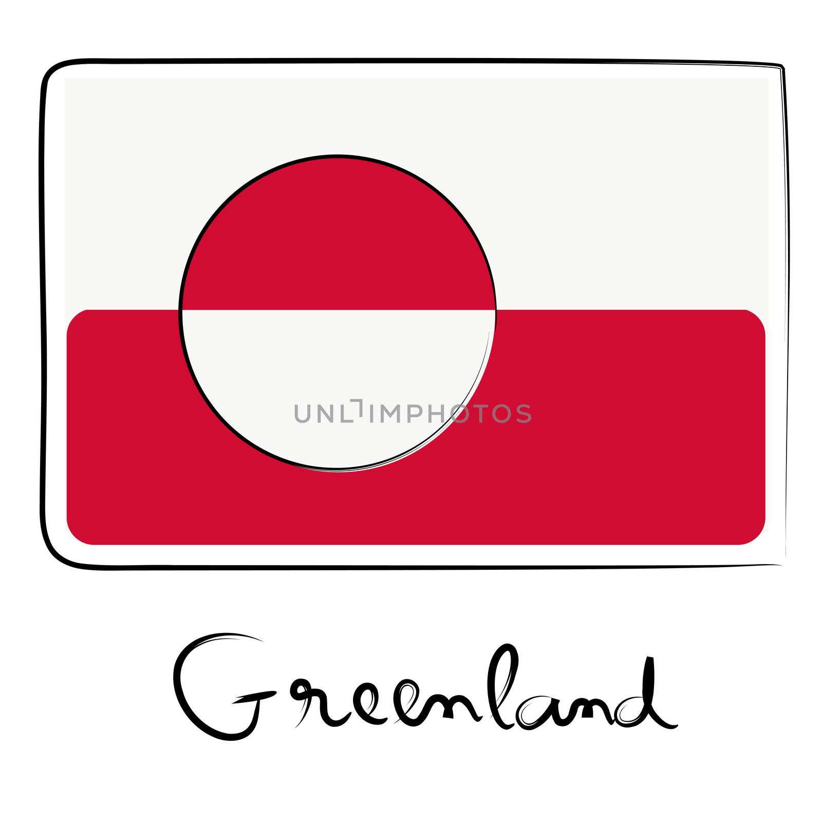 Greenland country flag doodle with title text isolated on white