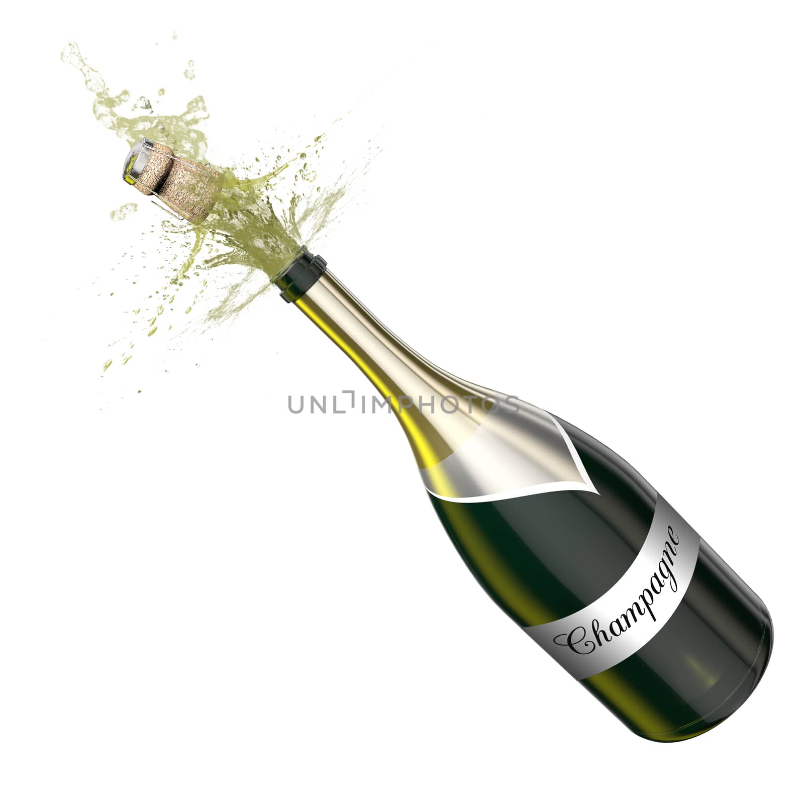 Opened bottle of champagne foaming with flying cork. This illustration represents the celebration.