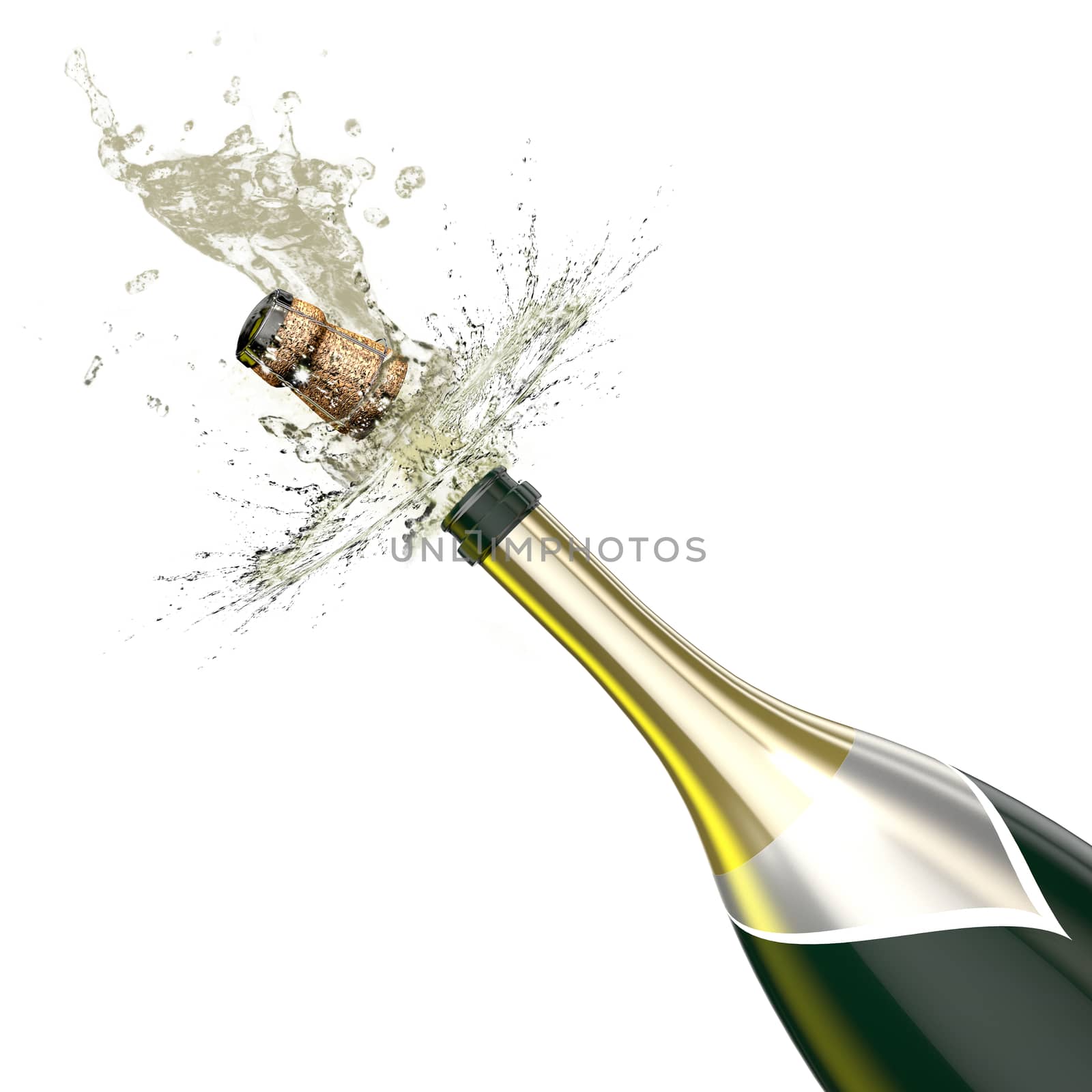 Opened bottle of champagne foaming with flying cork close-up. This illustration represents the celebration.