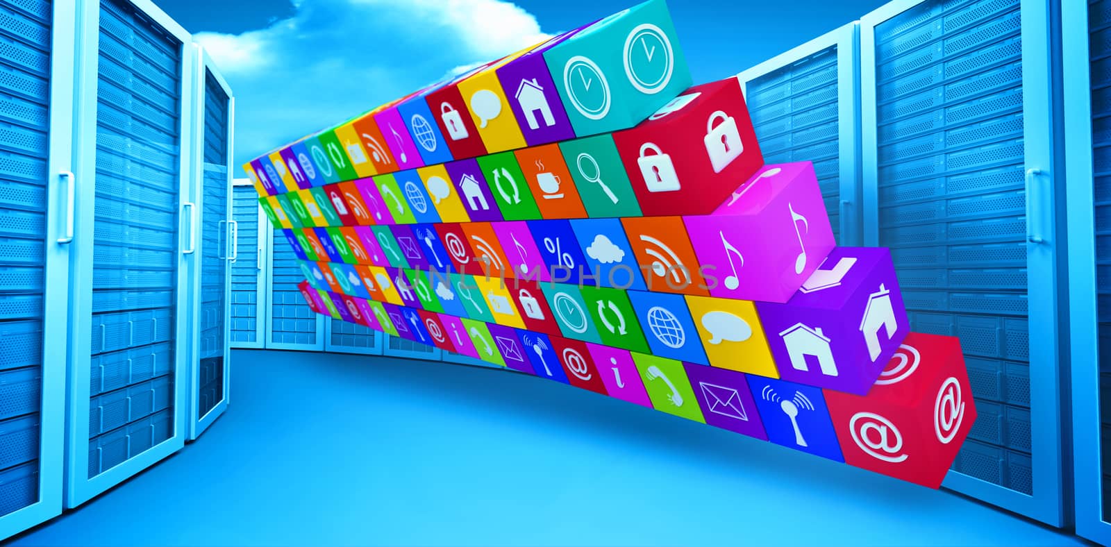 wall of apps against bright blue sky with clouds