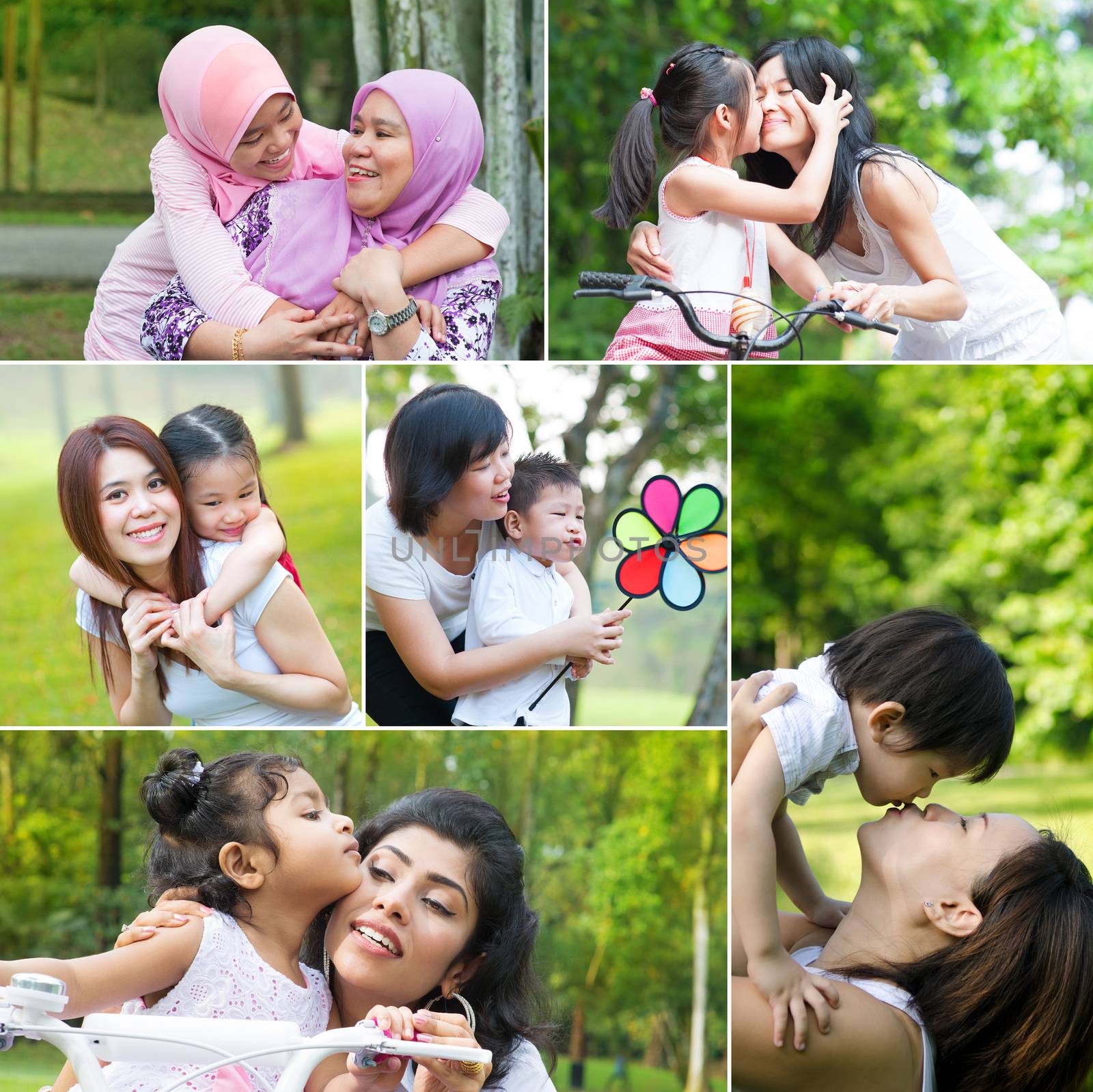 Collage photo mothers day concept. Mixed race family generations having fun at outdoor park. All photos belong to me.