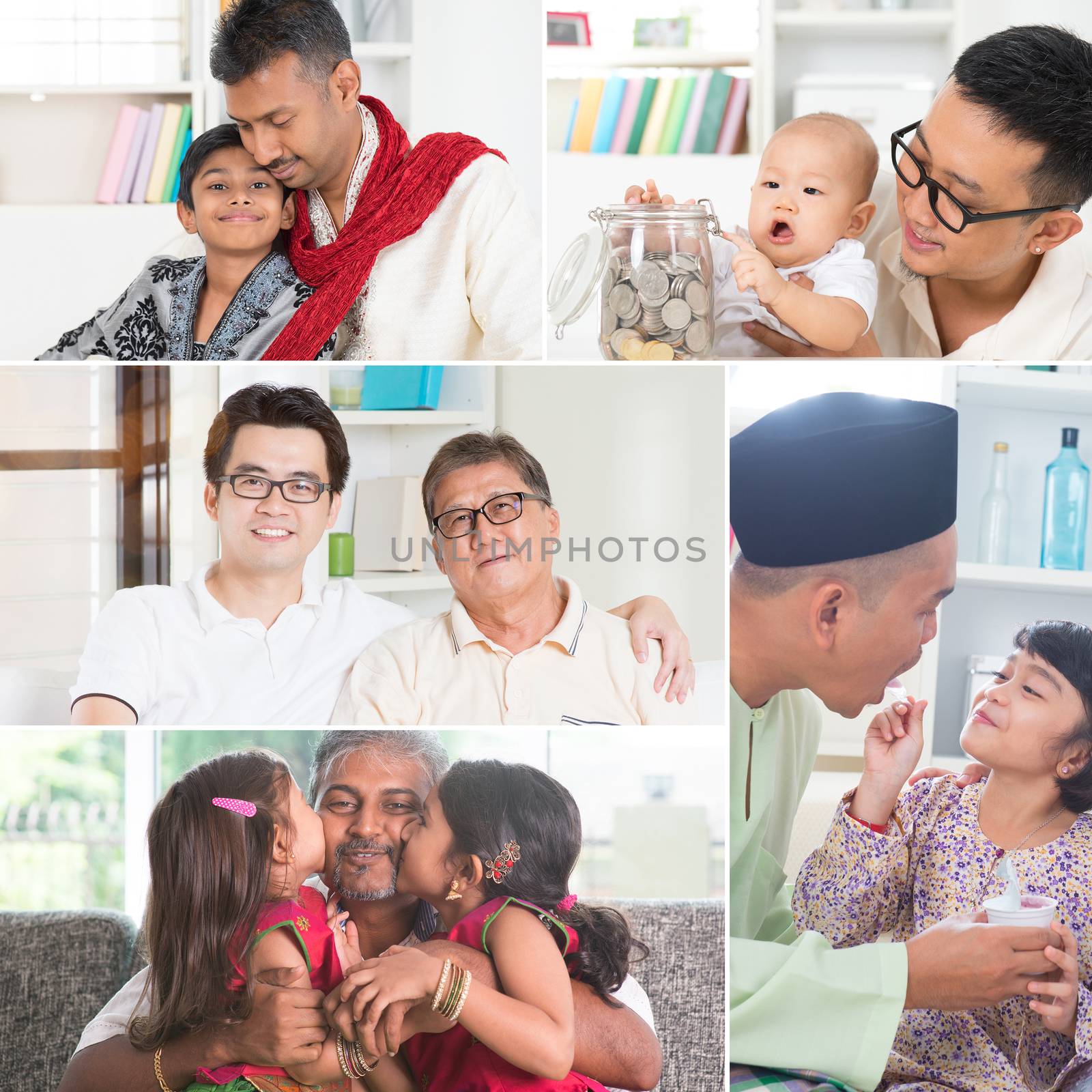 Collage photo fathers day concept. Mixed race family generations having fun indoors living lifestyle. All photos belong to me.