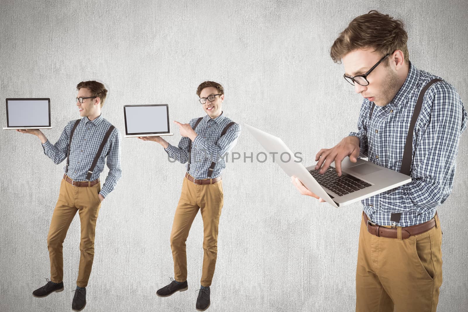 Nerd with laptop against white and grey background