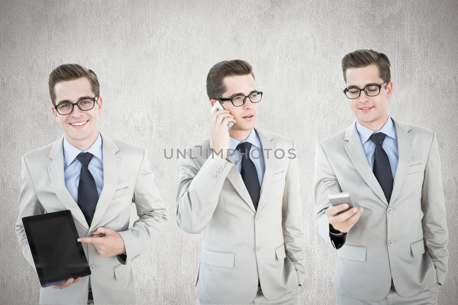 Businessman on the phone against white and grey background