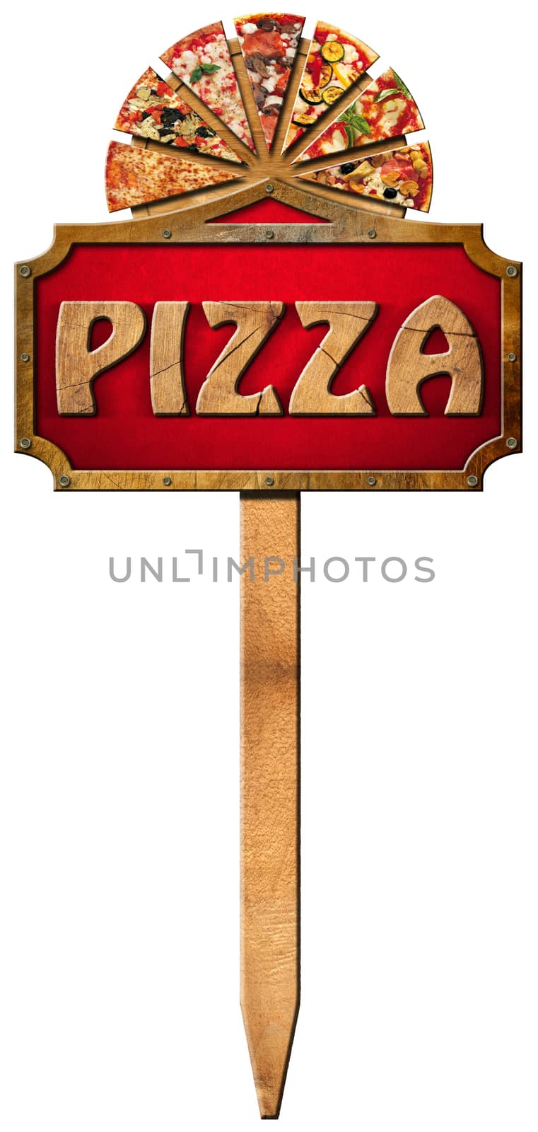 Wooden sign with metal frame and wooden text pizza, slices of pizza on cutting board. Hanging on a wooden pole and isolated on a white background
