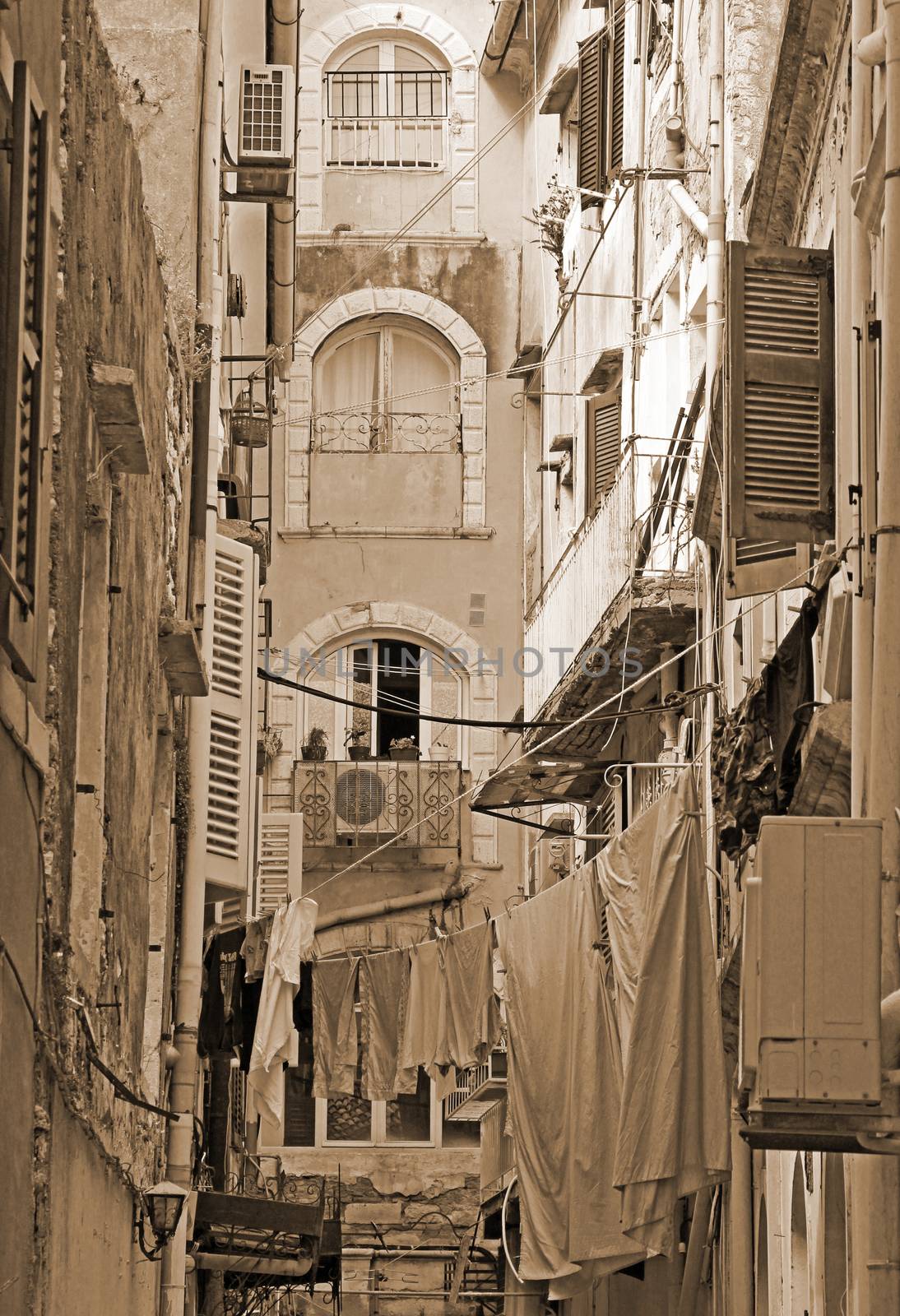 Greece. Corfu (Kerkyra) island. A typical courtyard in the center of Corfu Town.  In Sepia toned. Retro style  