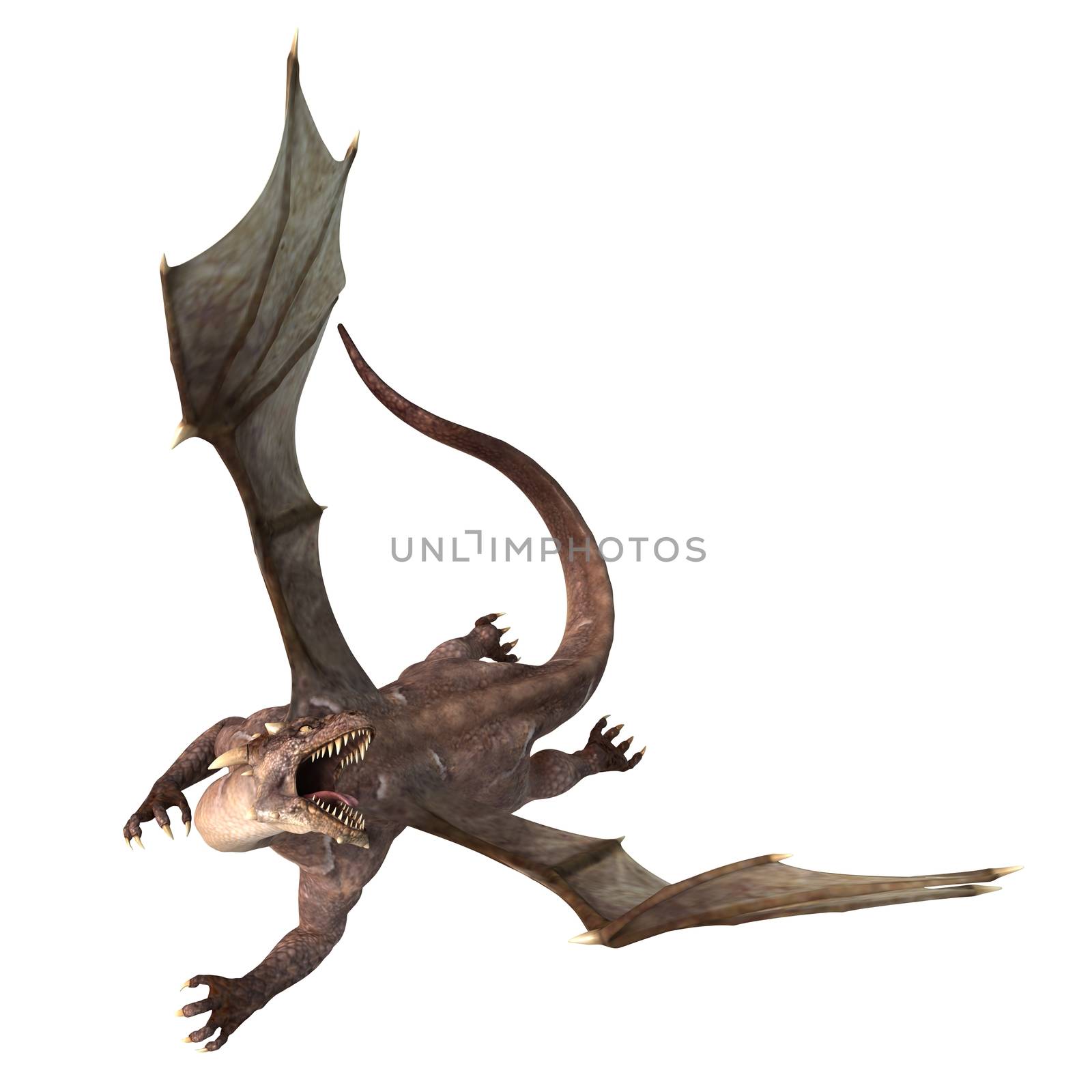 3D digital render of a soaring fantasy dragon isolated on white background