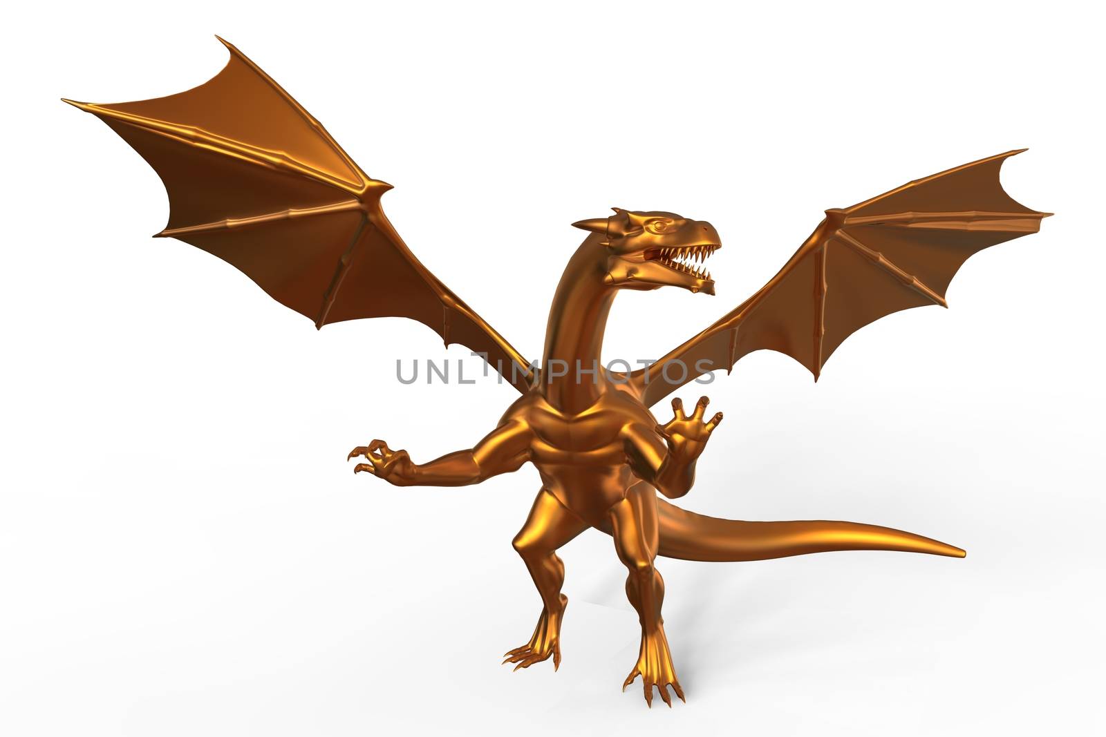 3D digital render of fantasy golden dragon isolated on white background