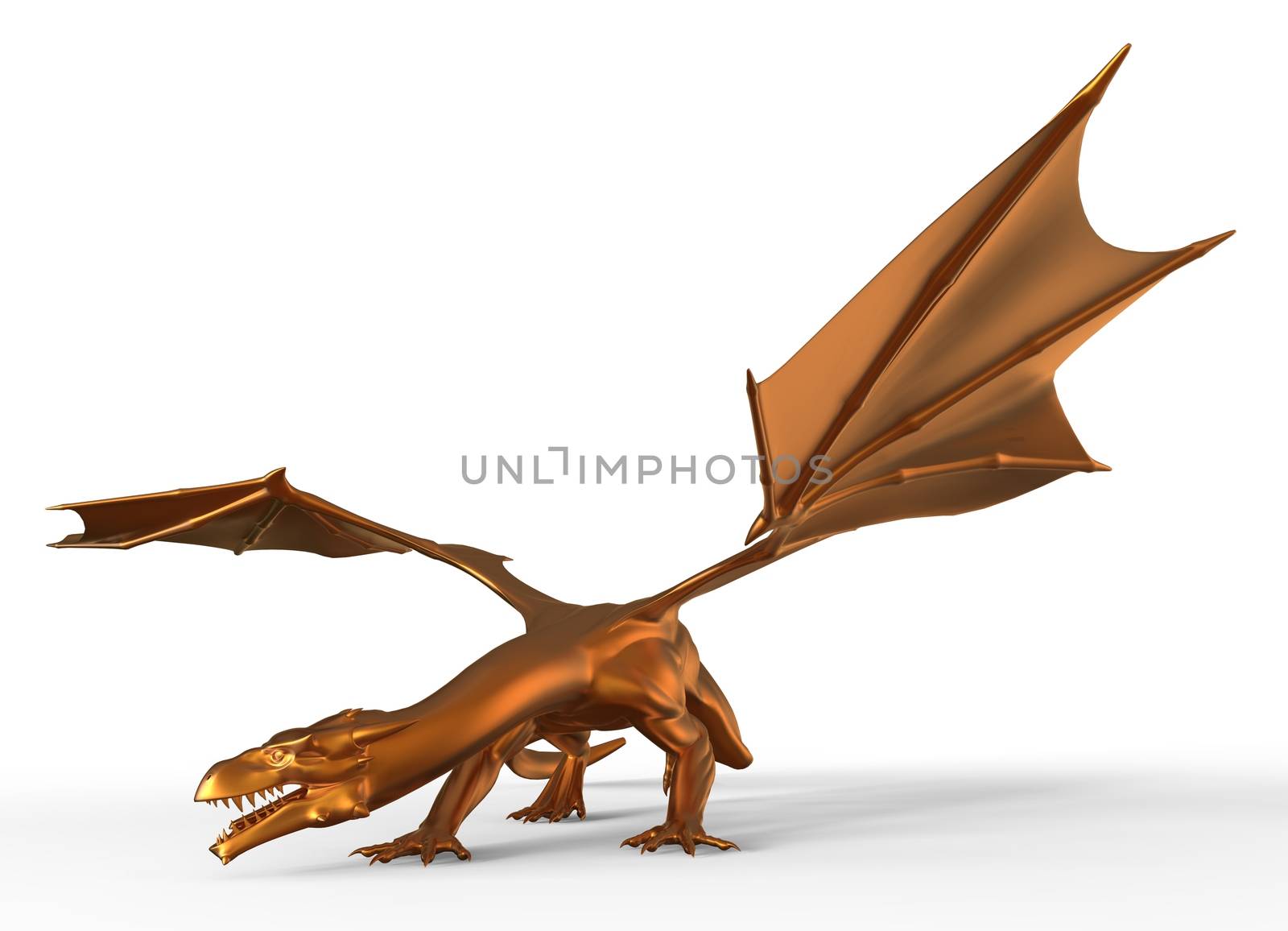 3D digital render of fantasy golden dragon isolated on white background