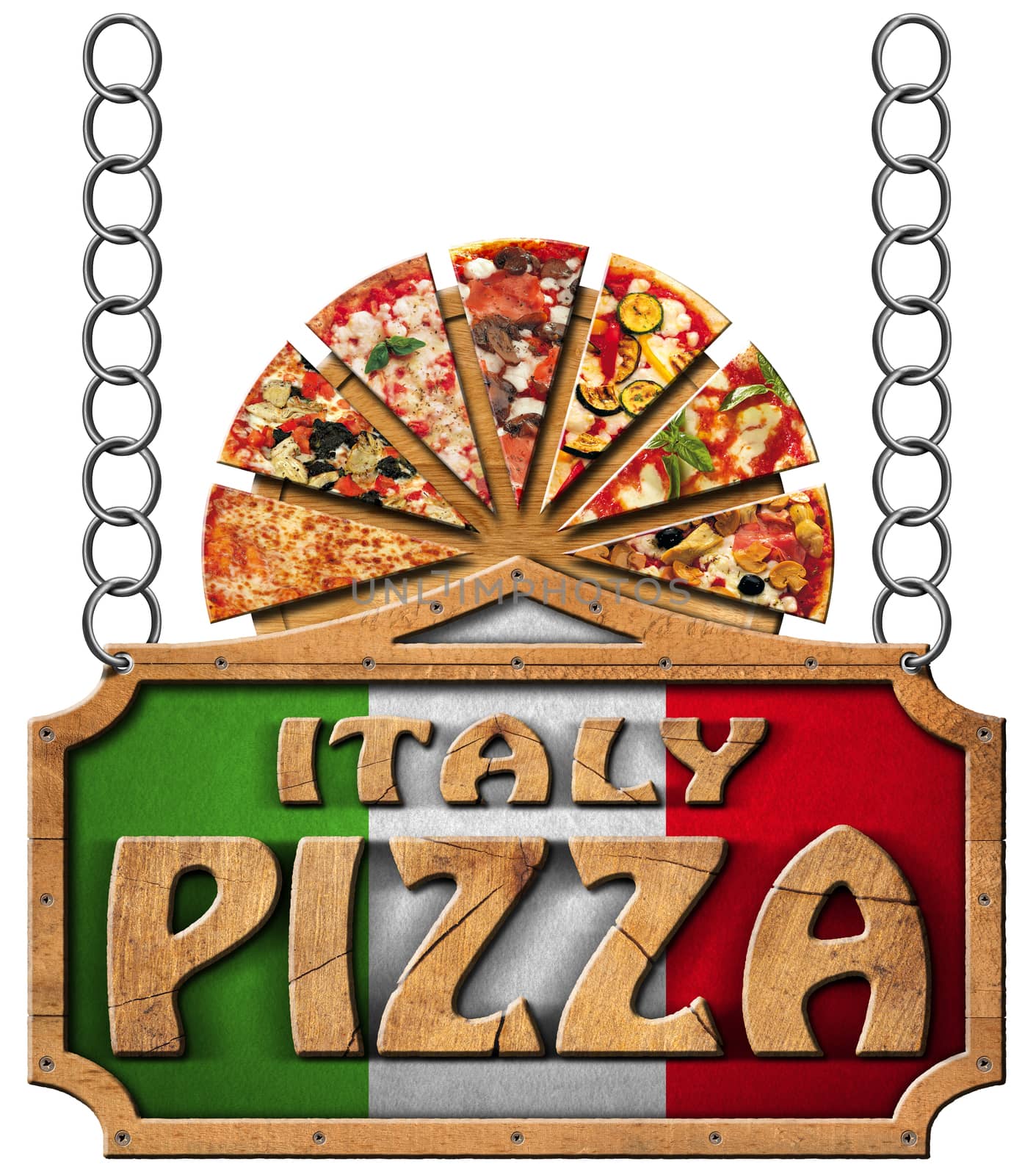Wooden sign with frame and text Italy pizza, slices of pizza on cutting board. Hanging on a metal chain and isolated on a white background
