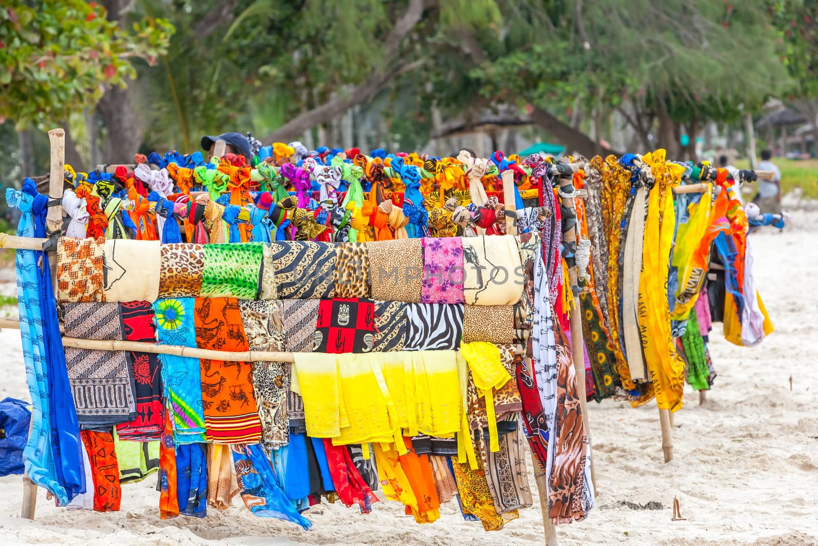 Beautiful colourful scarfes at Kenyas Beach. Africa