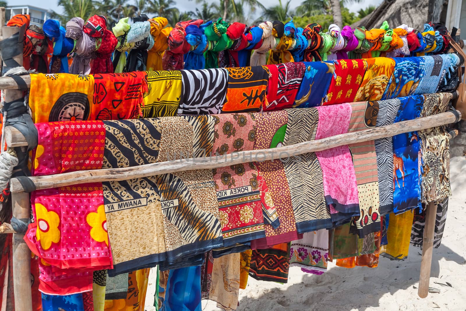 Beautiful colourful scarfes at Kenyas Beach. Africa