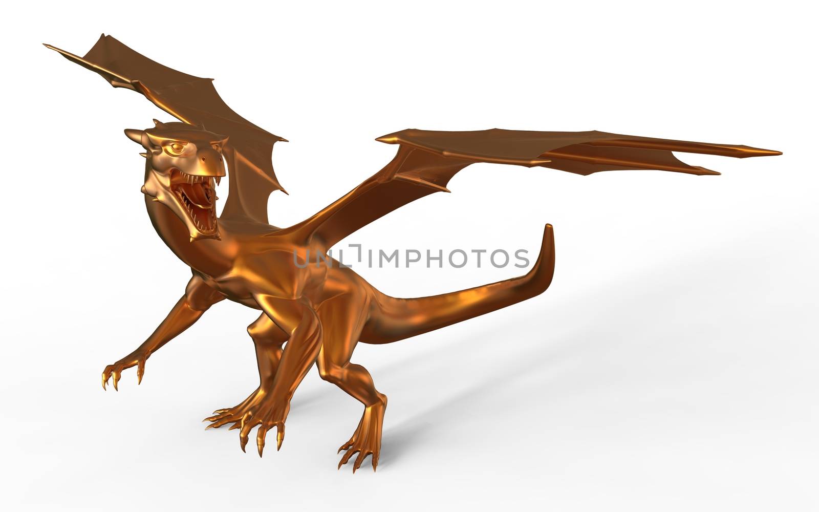 3D digital render of fantasy golden dragon isolated on white background