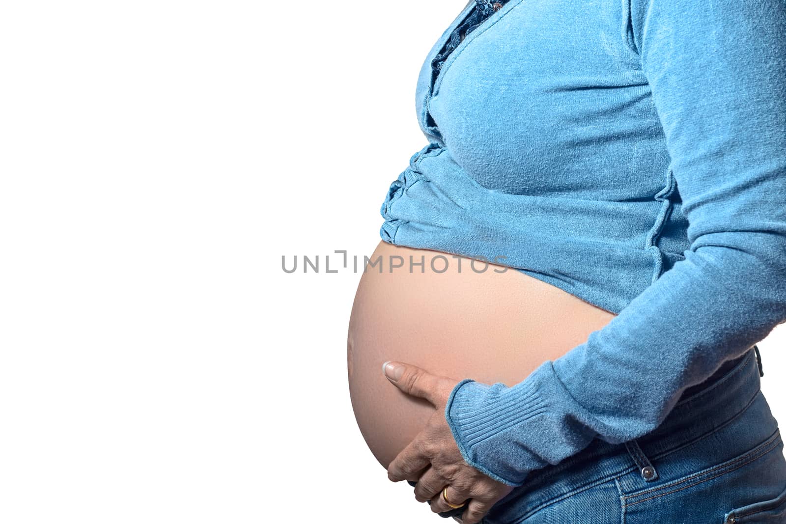 Pregnant woman of a boy with a blue jersey