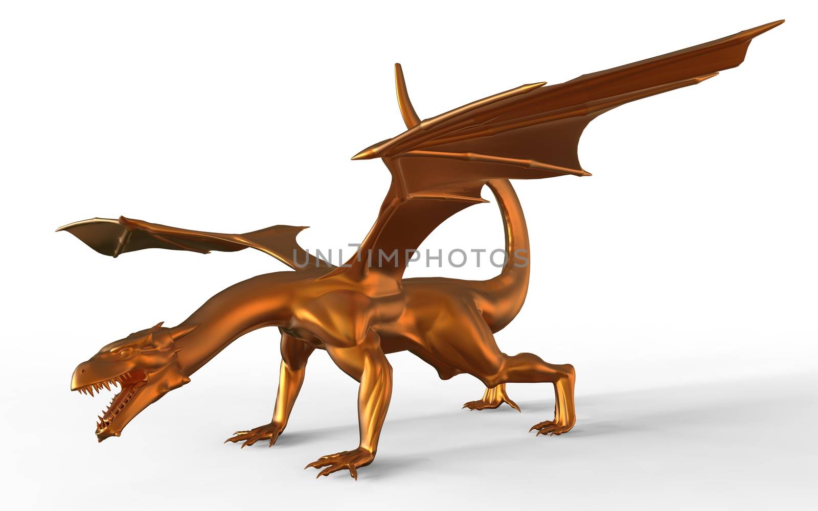 3D digital render of fantasy golden dragon isolated on white background