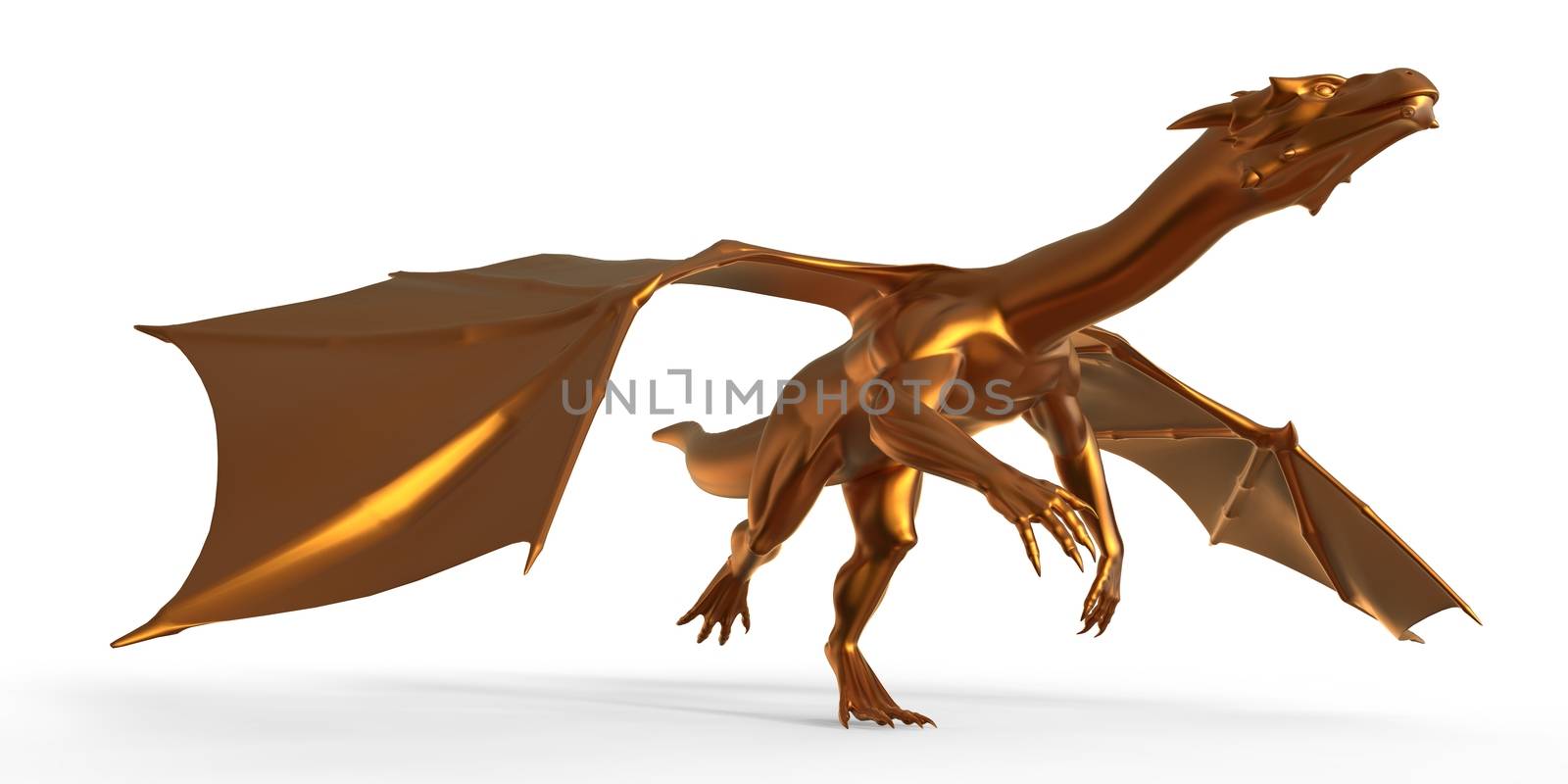 3D digital render of fantasy golden dragon isolated on white background