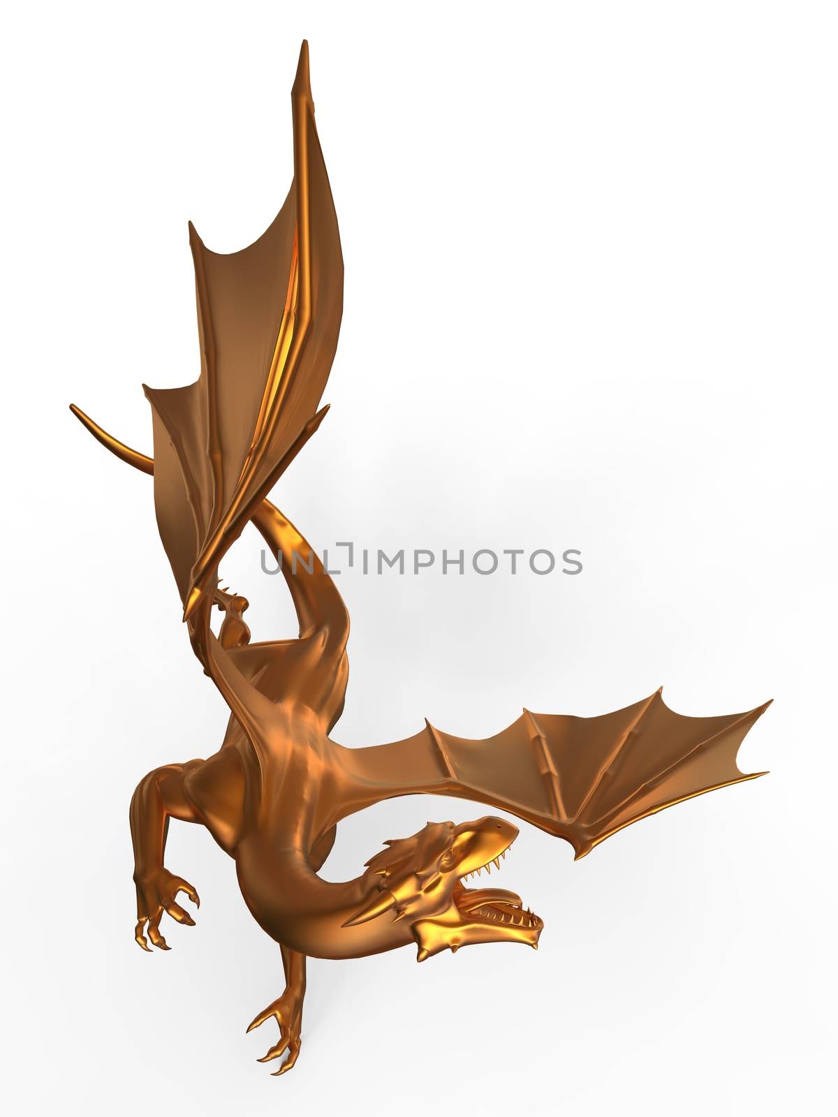 3D digital render of a soaring fantasy golden dragon isolated on white background