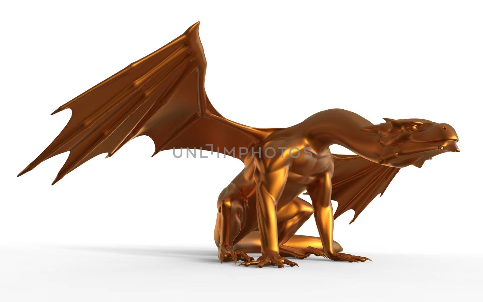 3D digital render of fantasy golden dragon isolated on white background