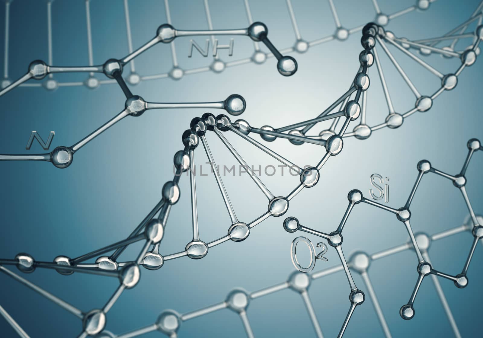 3d render of DNA molecule and organic compounds