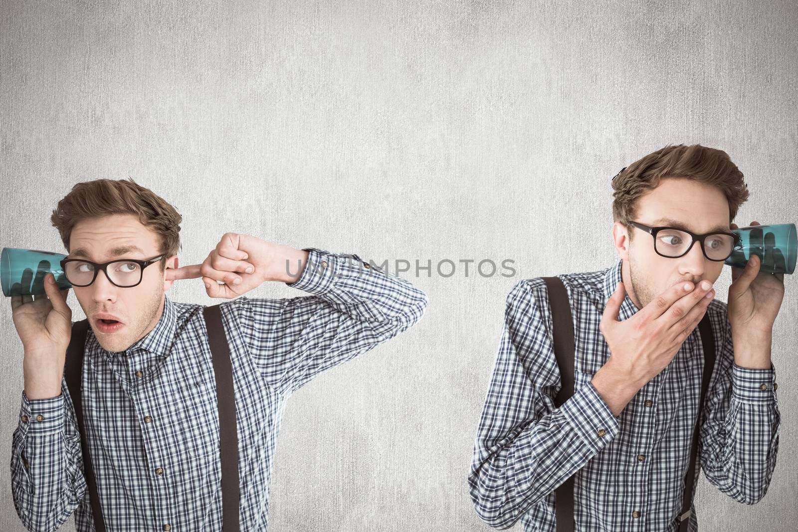 Nerd eavesdropping against white and grey background