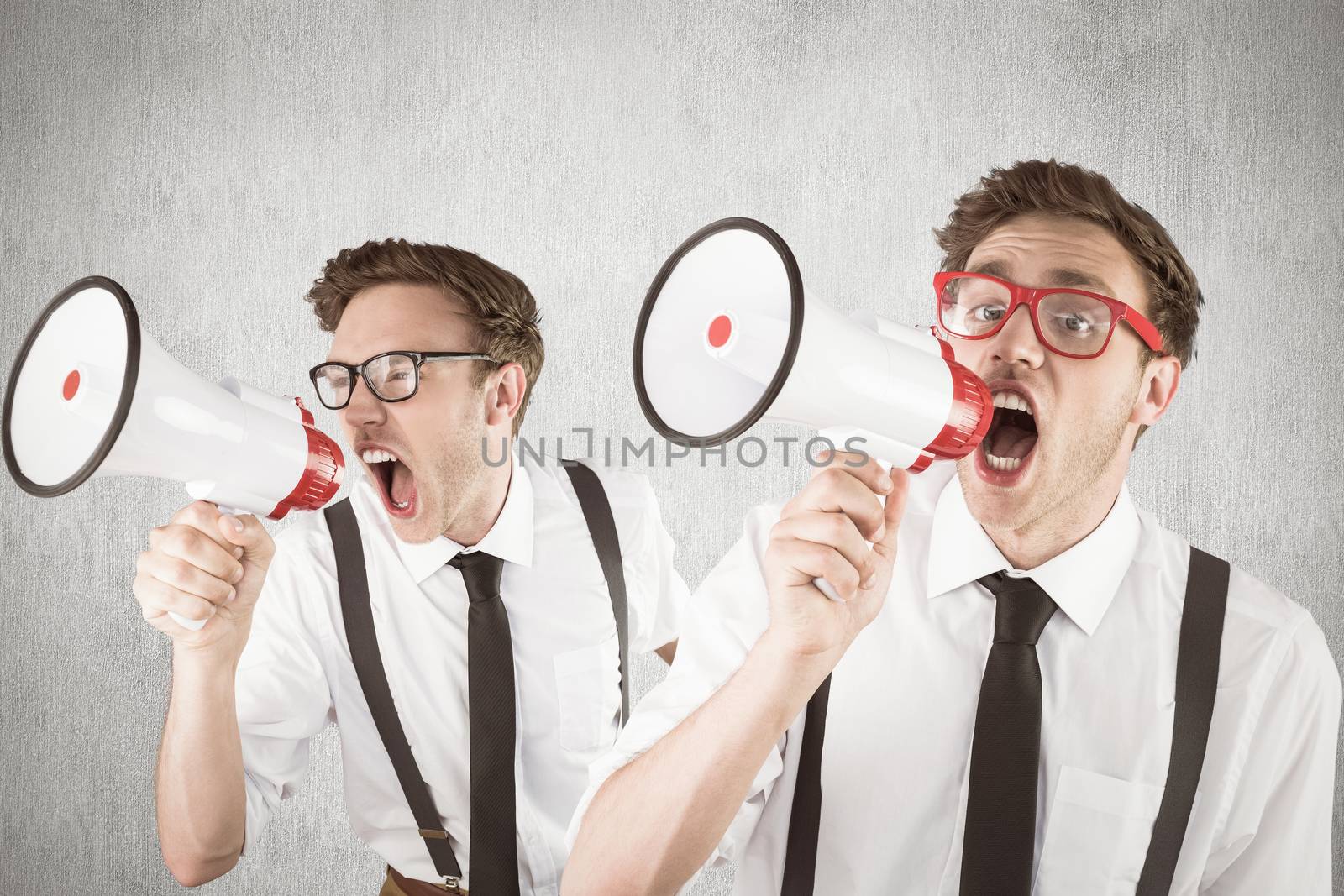 Nerd with megaphone against white and grey background