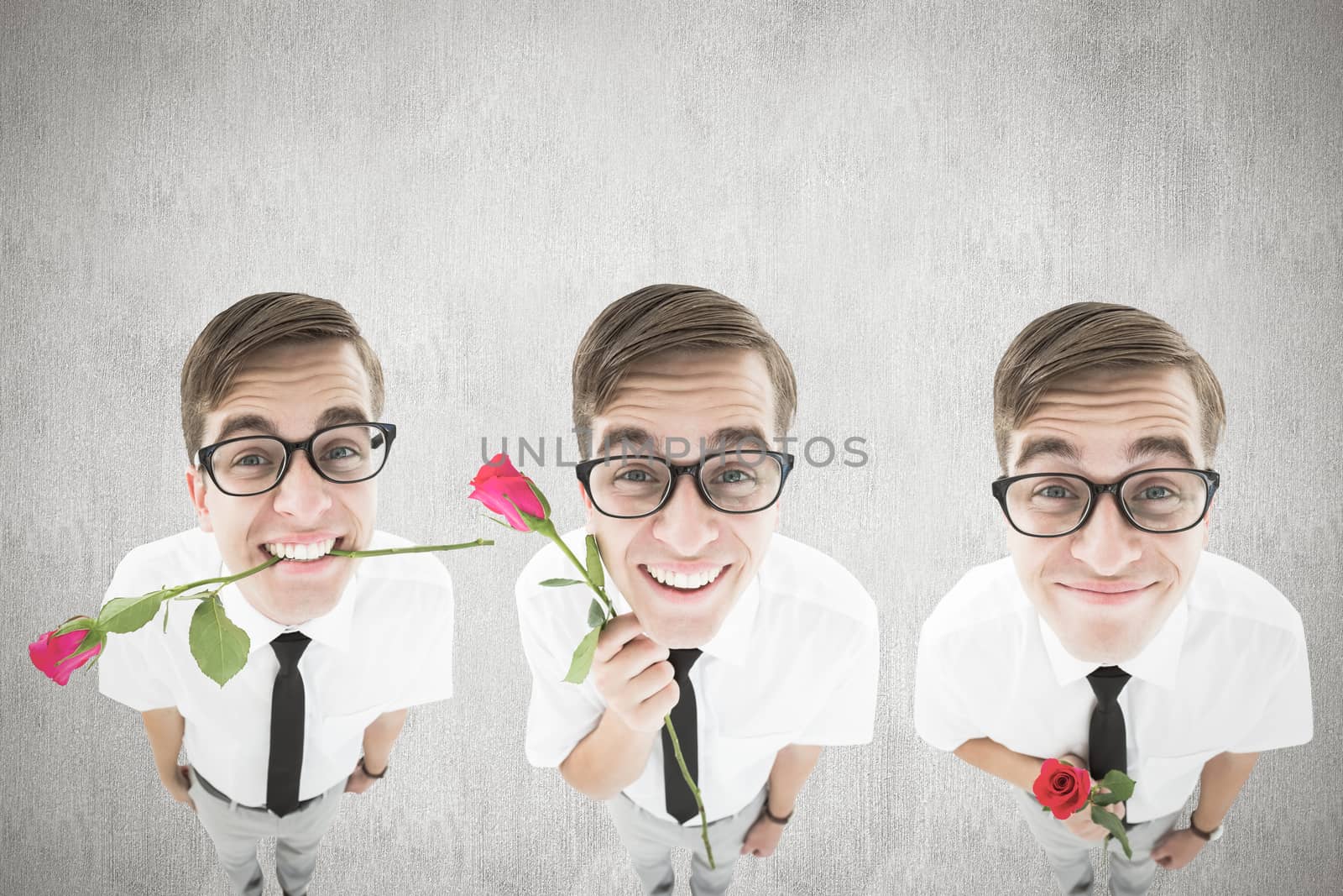 Nerd with rose against white and grey background