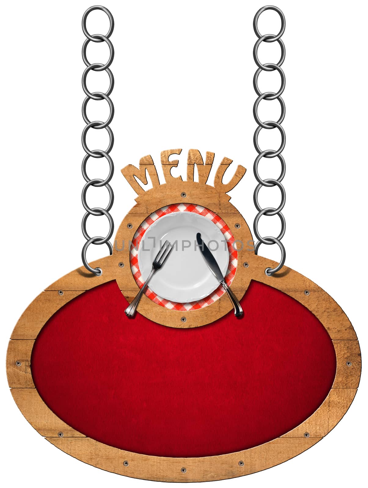 Oval sign with wooden frame, white plate with silver cutlery and text menu. Hanging from a metal chain and isolated on a white