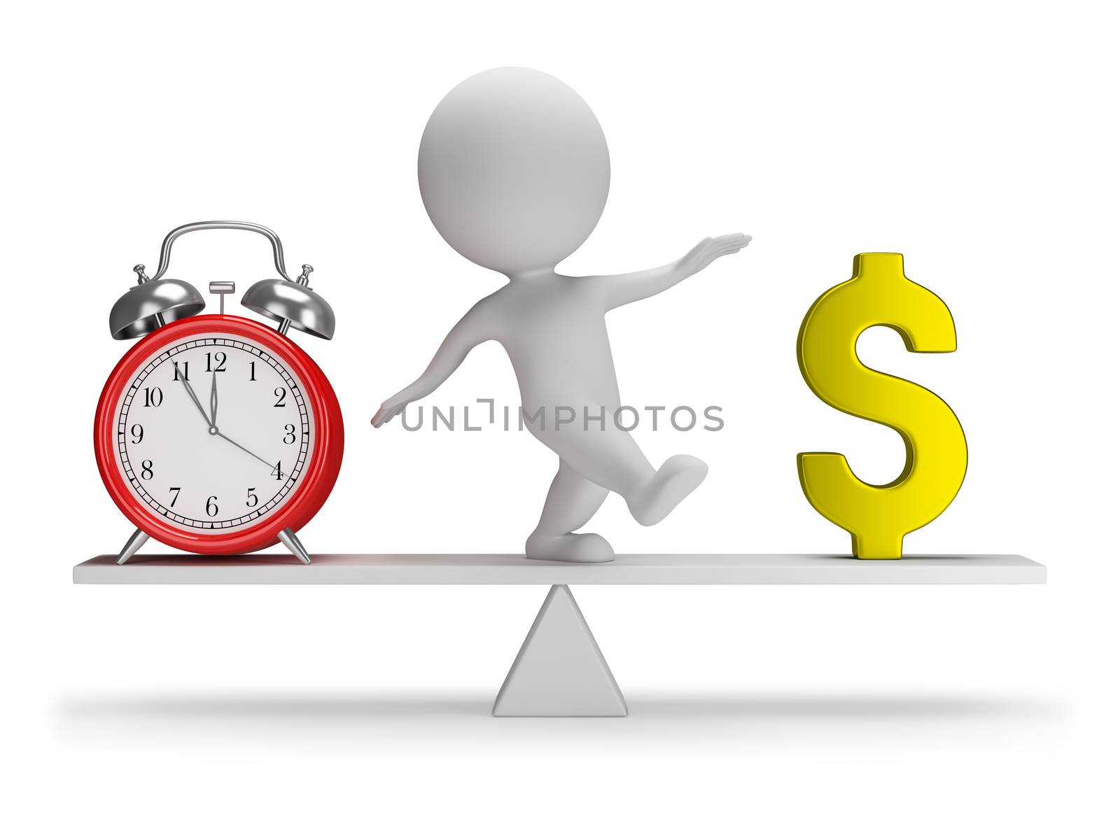 3d small person catches a balance between money and time. 3d image. White background.