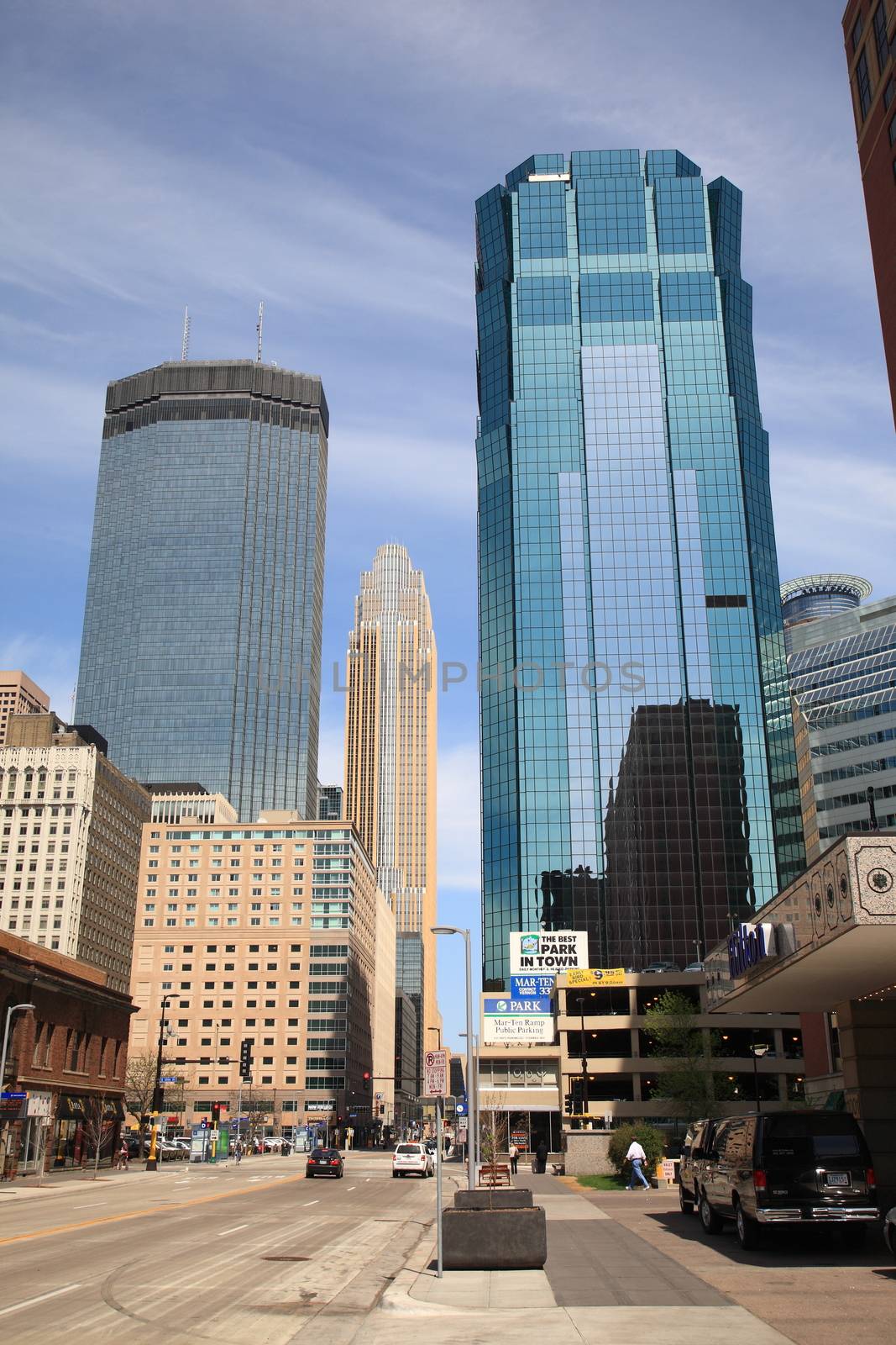 Downtown Minneapolis buildings and pedestrians.