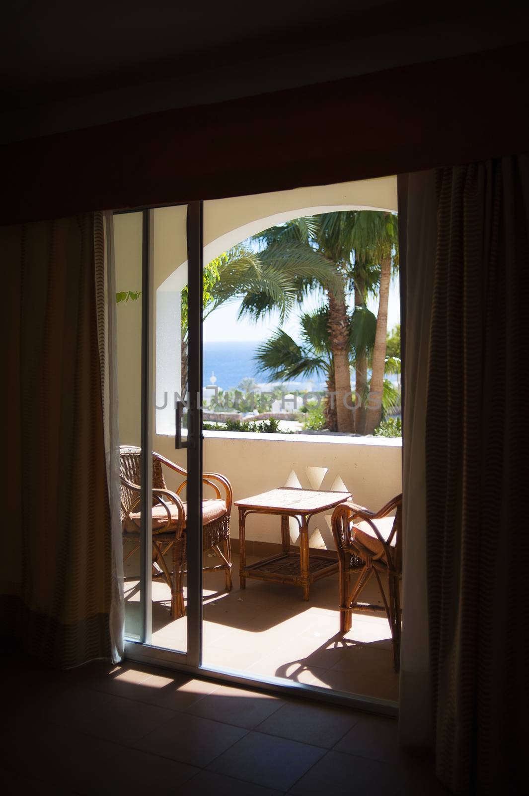 view from the hotel window at the sea and palm trees.