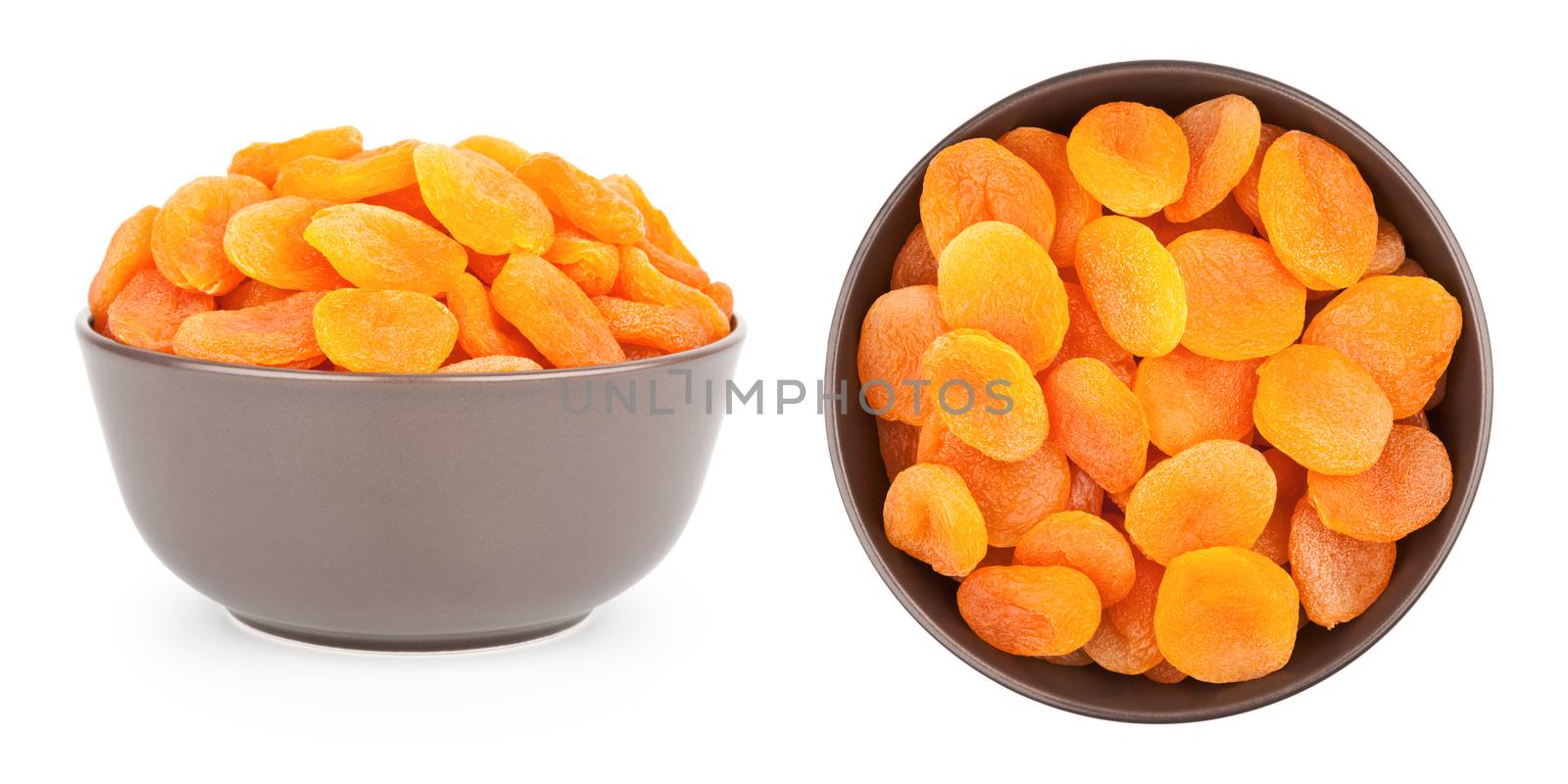 Sweet dried apricots in a ceramic bowl, side and top view