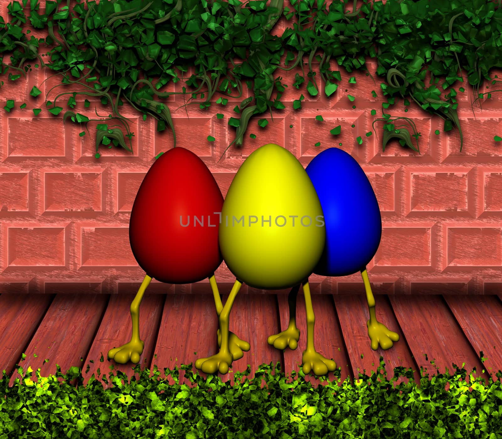 Easter eggs with legs on a wooden surface with background of plants.